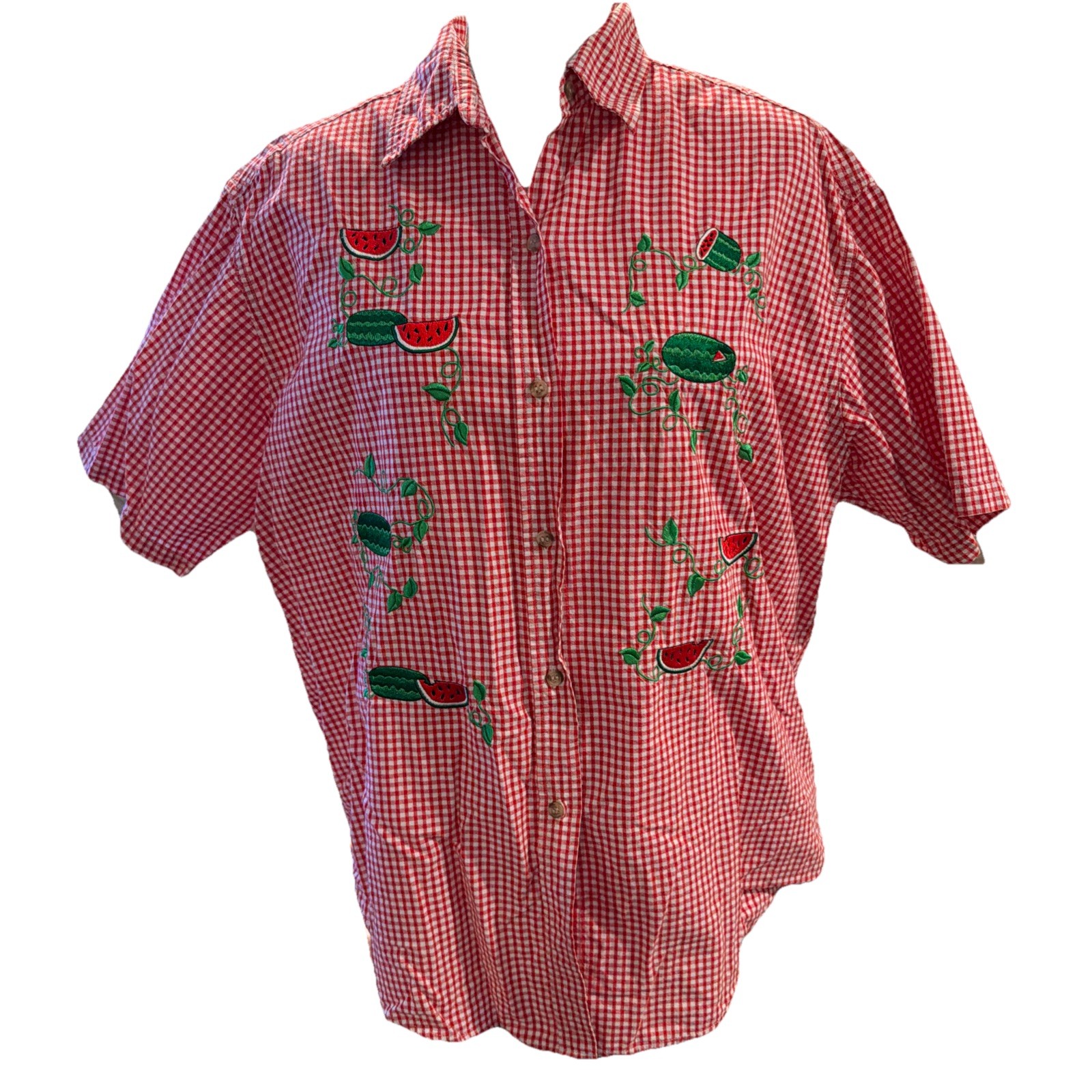 Vtg 90s Mandal Bay Gingham Embroidered Fruit Shirt Size L/XL watermelon Picnic