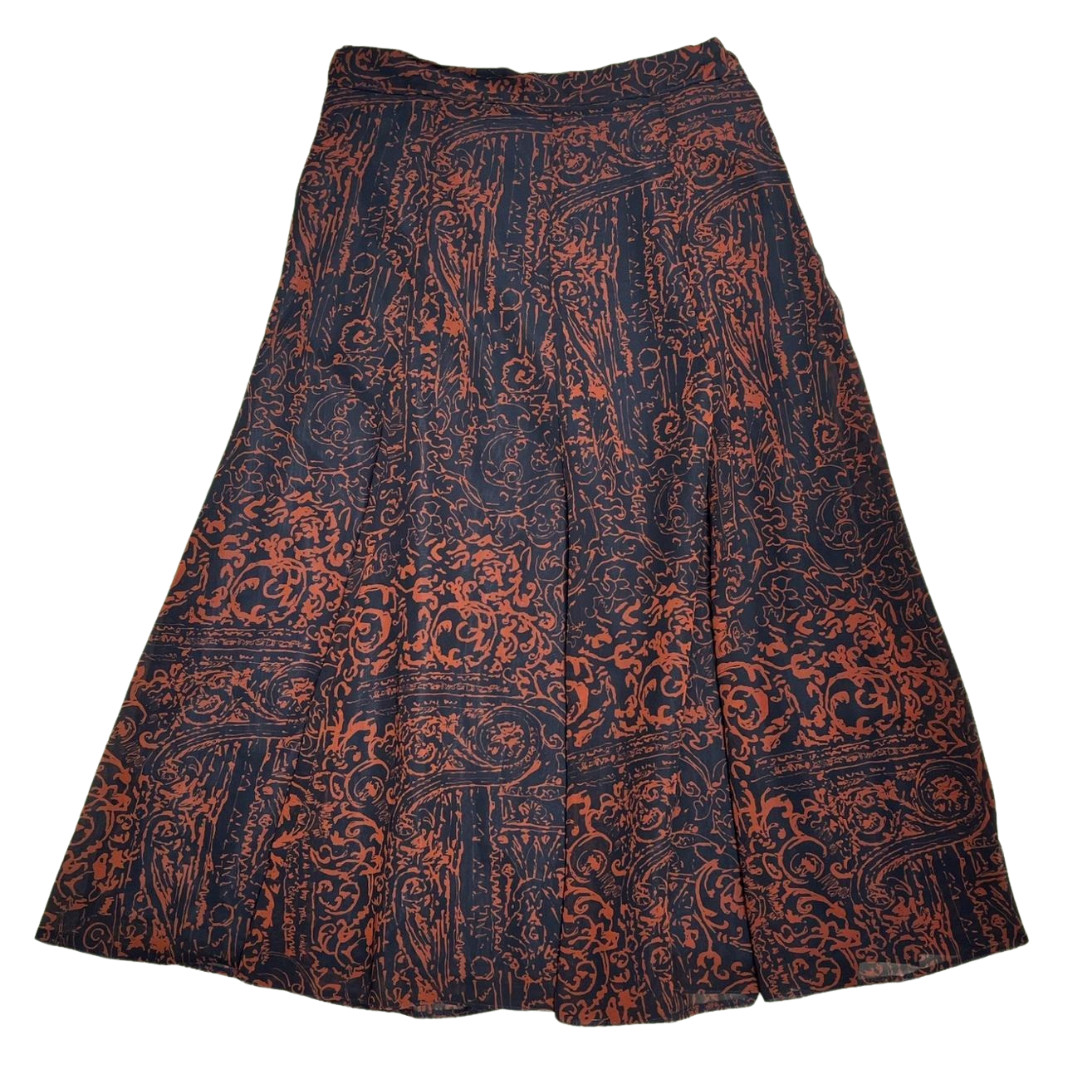 Vintage 80’s Skirt Brown Navy Graphic Print Midi 12-14 Retro True Abstract