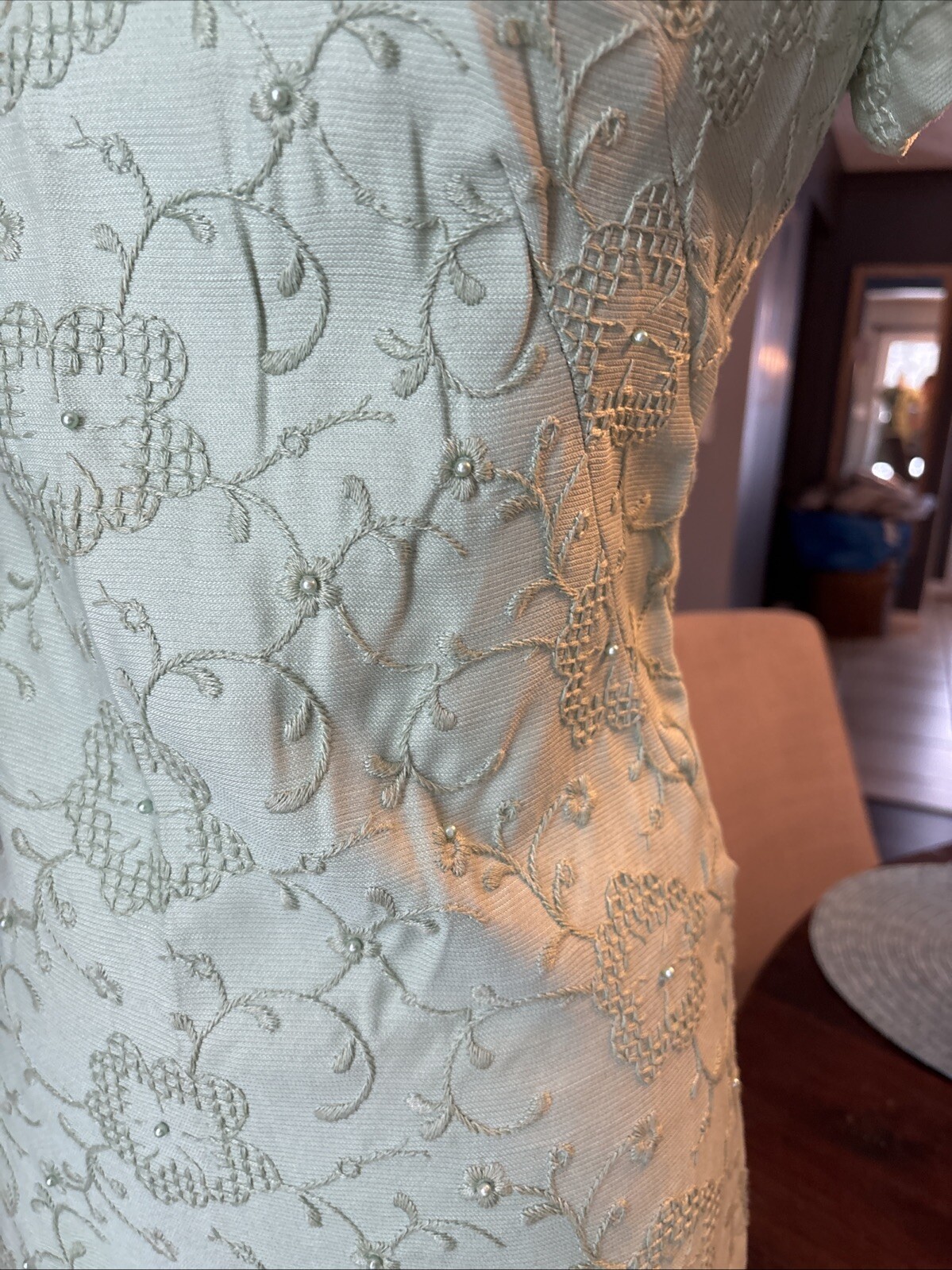 Vintage Embroidered Beaded Celery Green Midi Dress M Pencil Wiggle