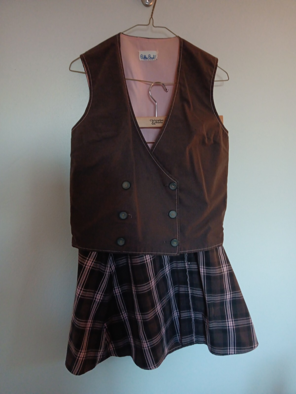 1960’s Vtg. Bobbie Brooks Pink Brow Plaid Mini Skirt W Side Zipper Button…