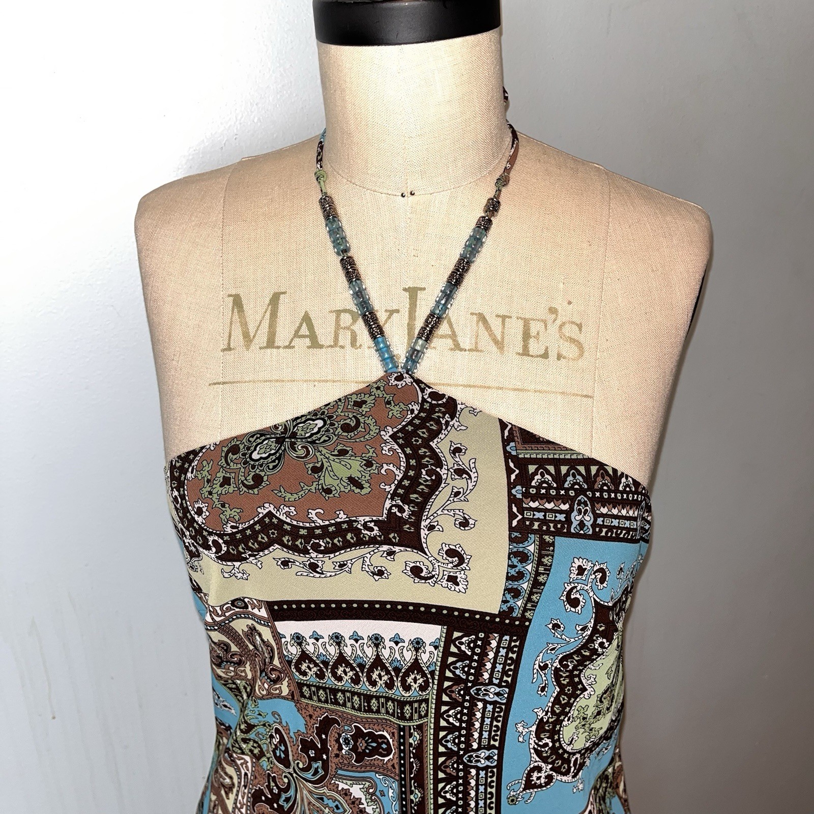Vtg Y2K Paisley Patchwork Blue Brown Whimsy Fairy Halter Dress Asymmetric Hem 10