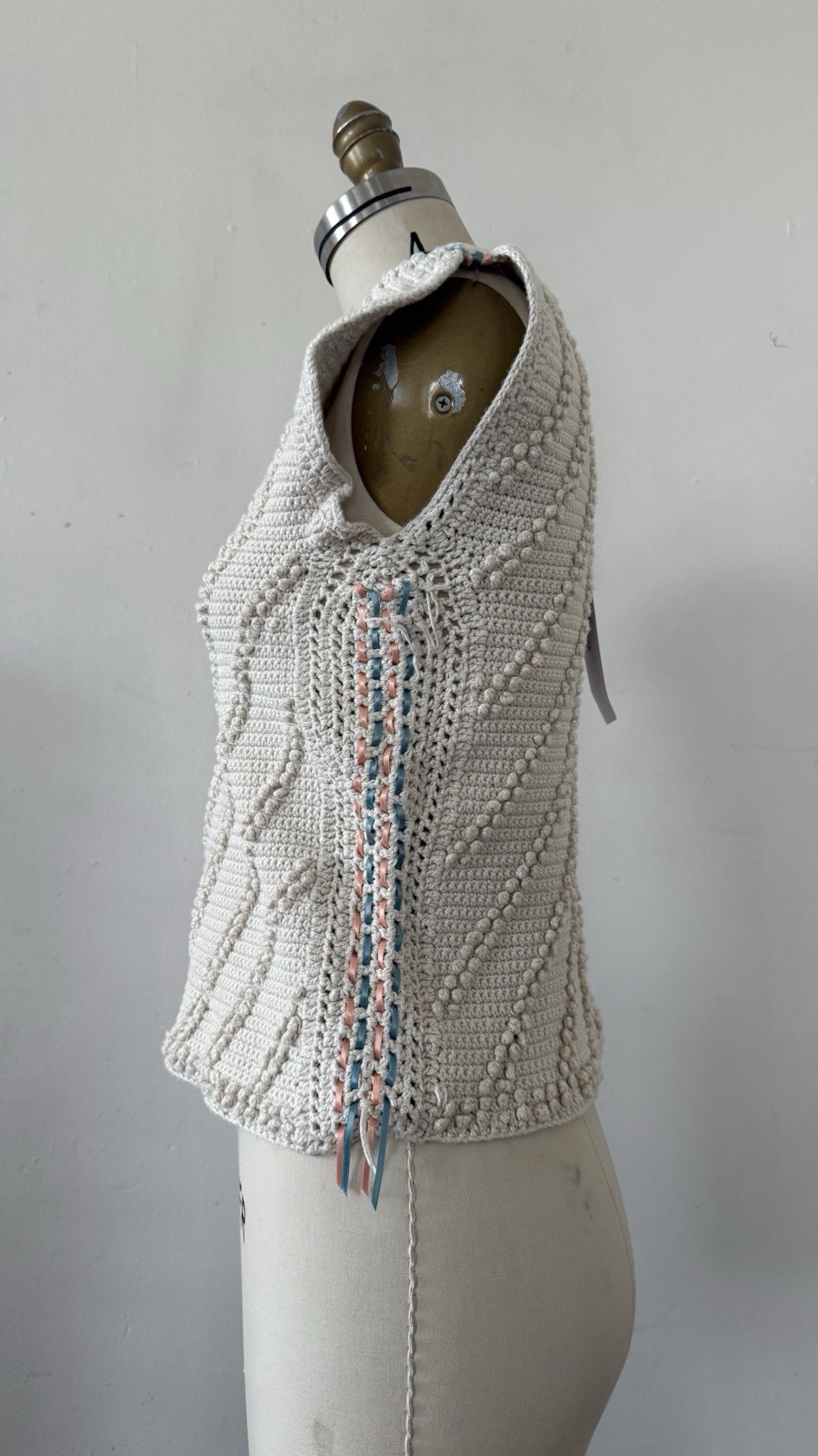 Antique/Vintage Art Deco Popcorn Rayon Hand Crocheted Knit Ribbon Trim Top XS