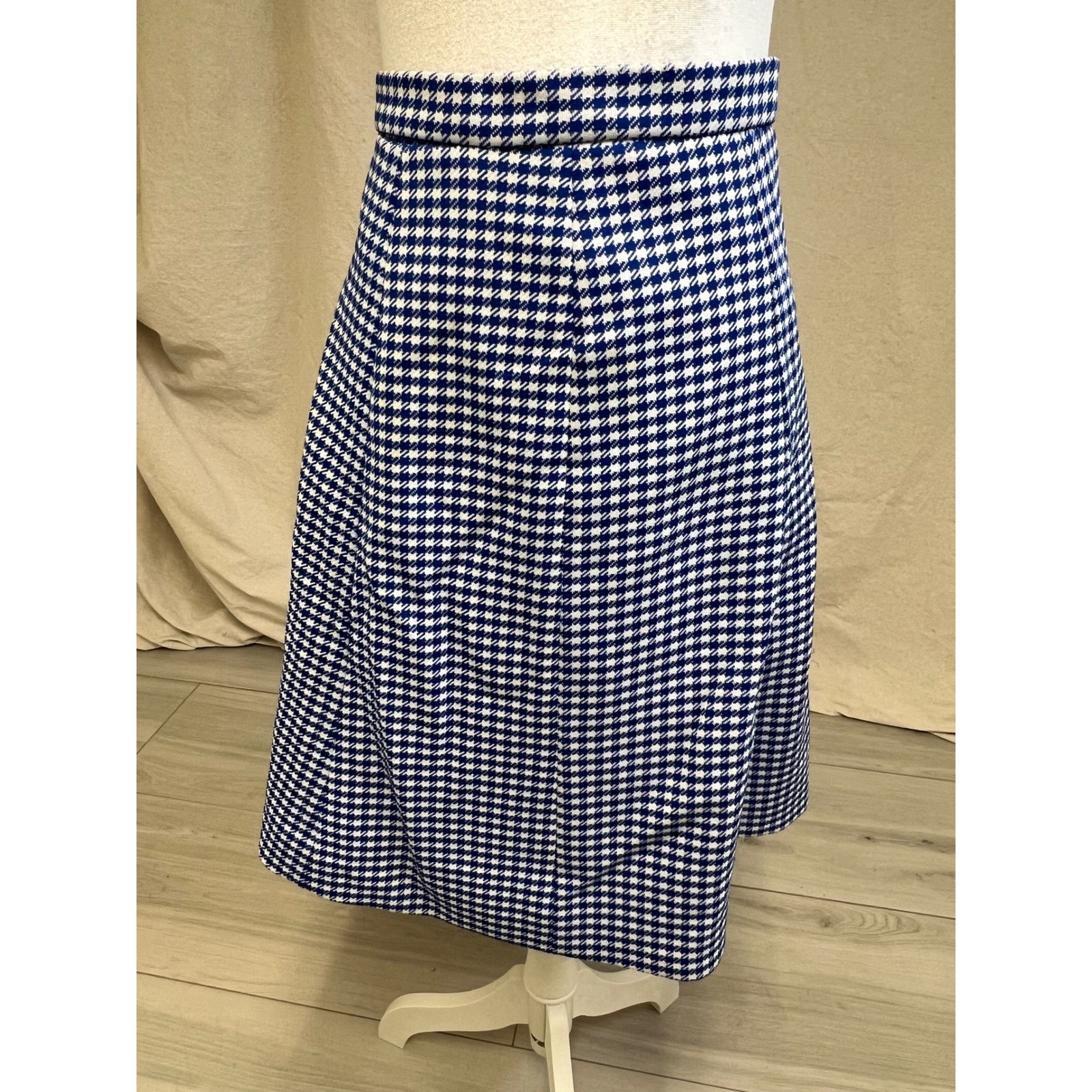 Vintage Houndstooth Midi Skirt Blue White A-Line High Waist Mod Retro 60s Preppy