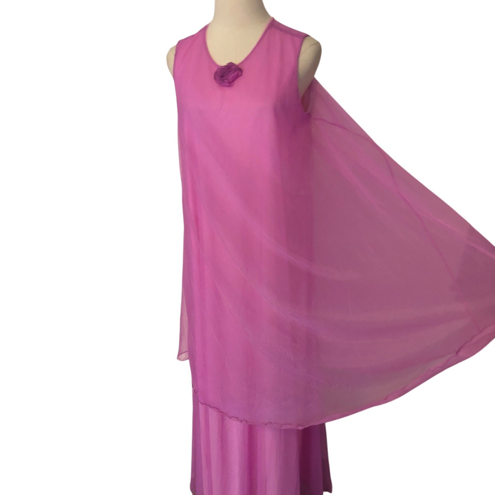 Vtg 60s Jenelle of California Double Nylon Layered Tiered Gown Orchid Pink ￼Med.