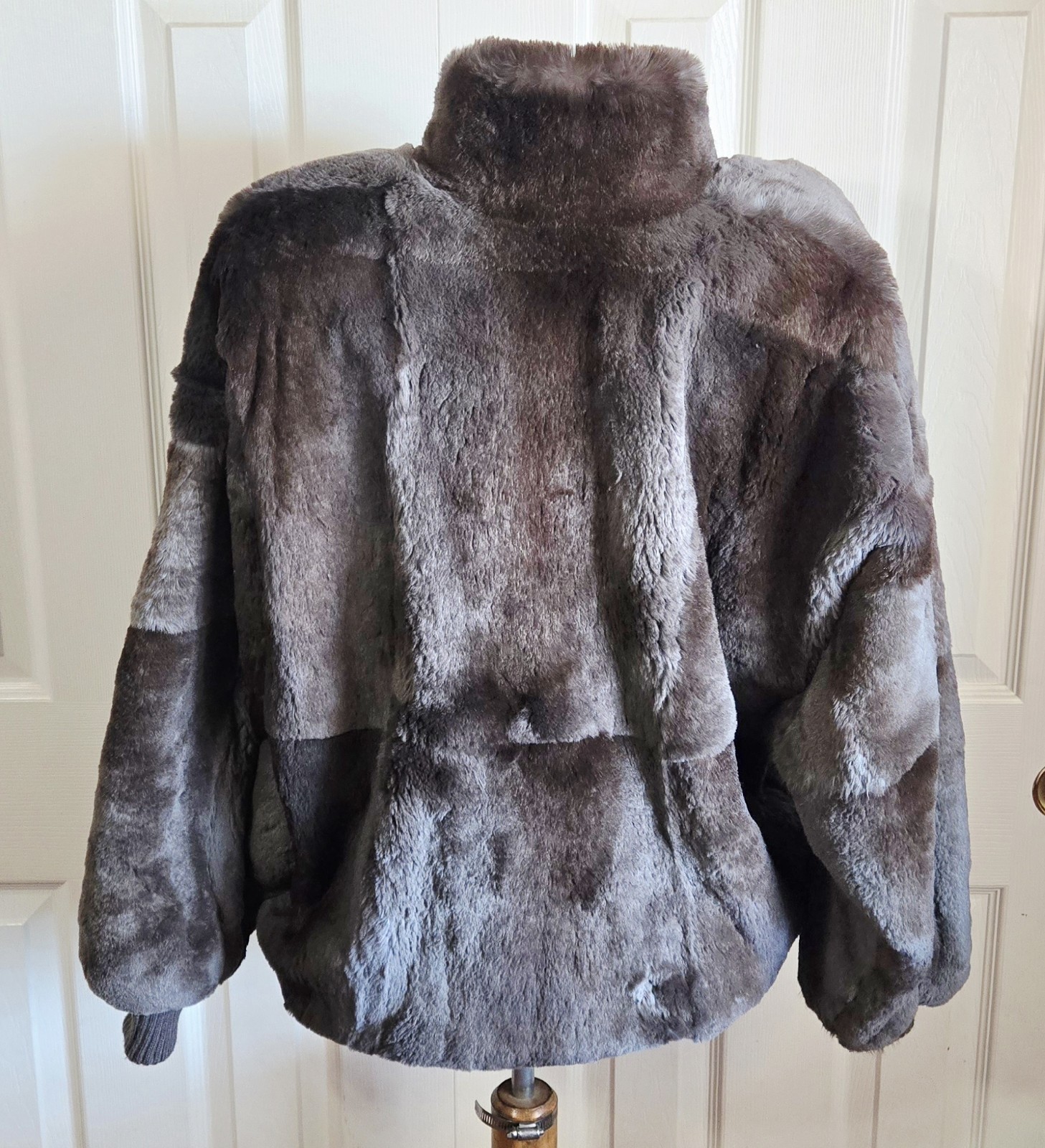 1980s CAROLE LITTLE Gray And Brown Patchwork Rabbit Fur Bomber Jacket Sz Large