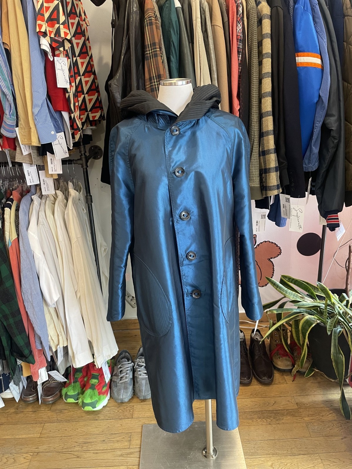 *Reversible* Blue and Black Windbreaker material long trench with pleated hood—M