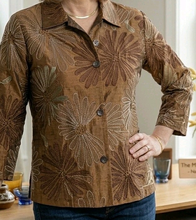 Vtg Chicos Design Silk Floral Embroidered Brown Bronze Sz 0 Shirt Jacket Y2K