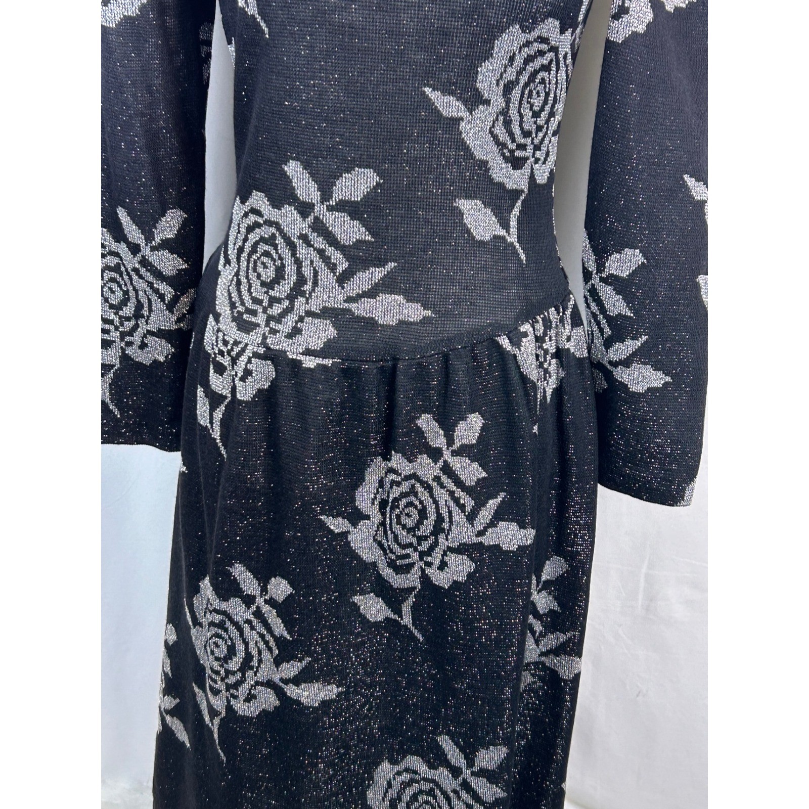 Vintage Hot Line Arlene Murry Black Silver Metallic Rose Knit Midi Dress 9/10