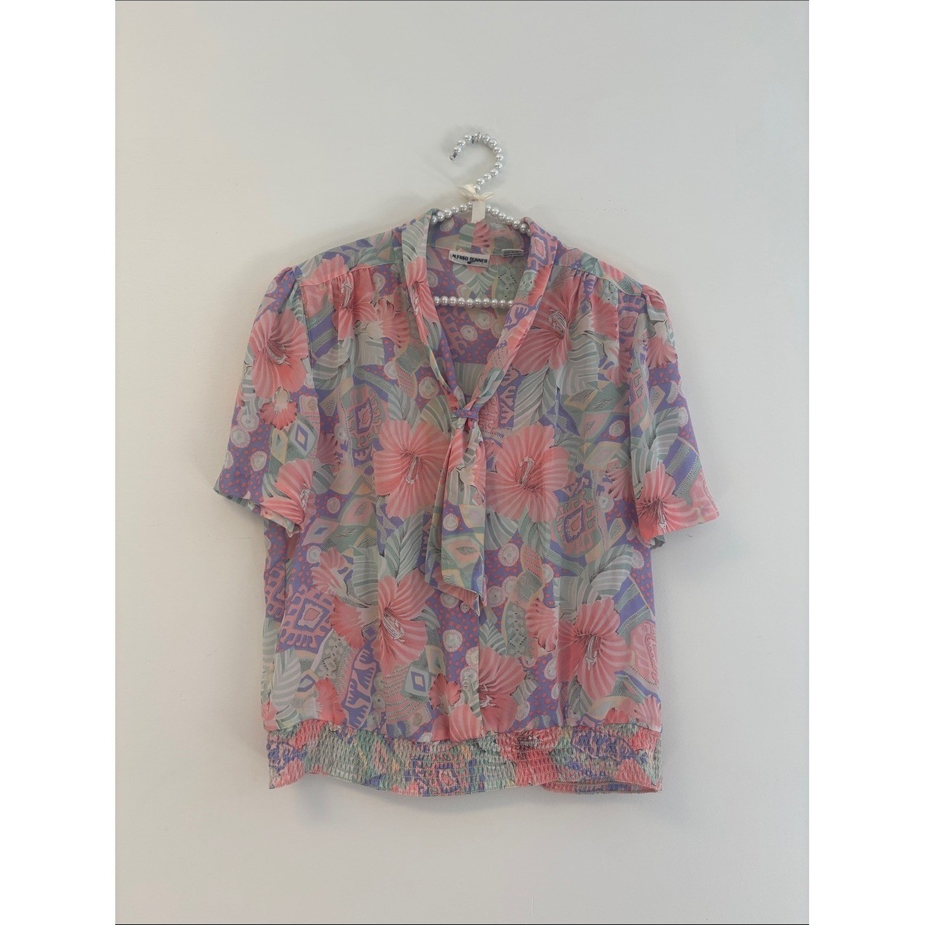 Alfred Dunner Vintage Tropical Floral Pussy Bow Blouse Smocked Waist Pink XL