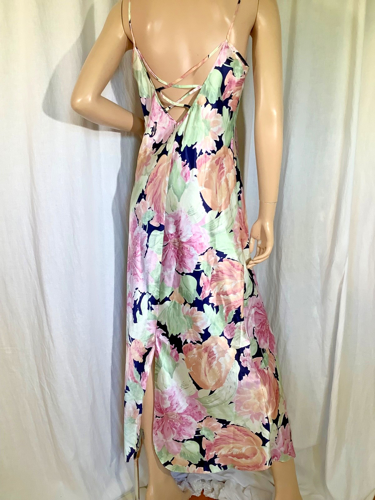 vintage Nightgown negligee Floral satin Poly slinky Silky chemise St Michel slit