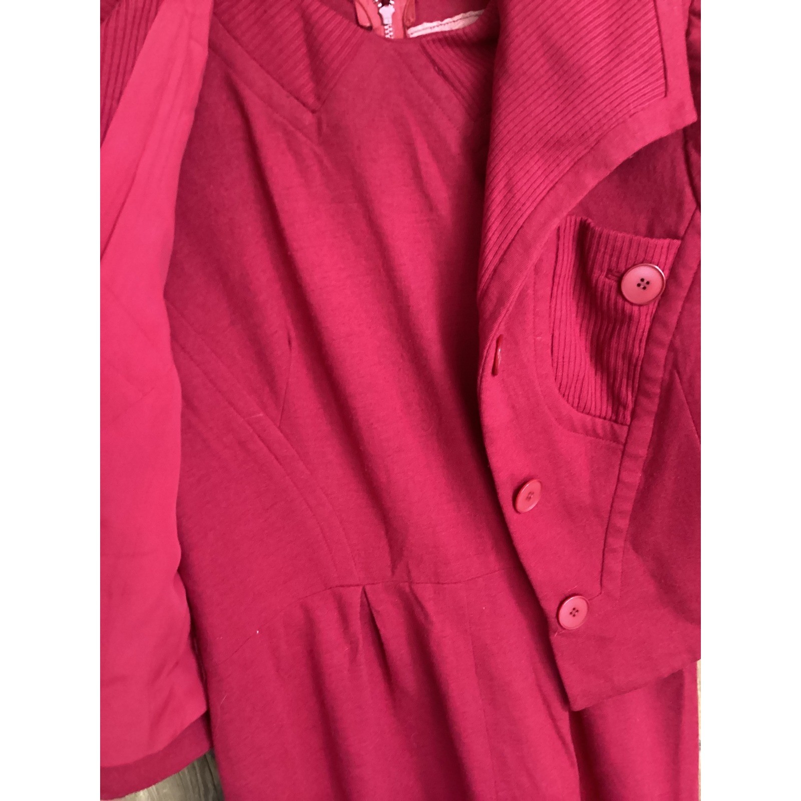 Carlye Vintage Red 2 Piece Sheath Dress and Cropped Jacket Set Ribbed Trim
