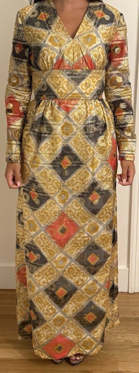 Vintage 70s Joseph Magnin Metallic Brocade Maxi Dress Gold Lurex Evening Gown