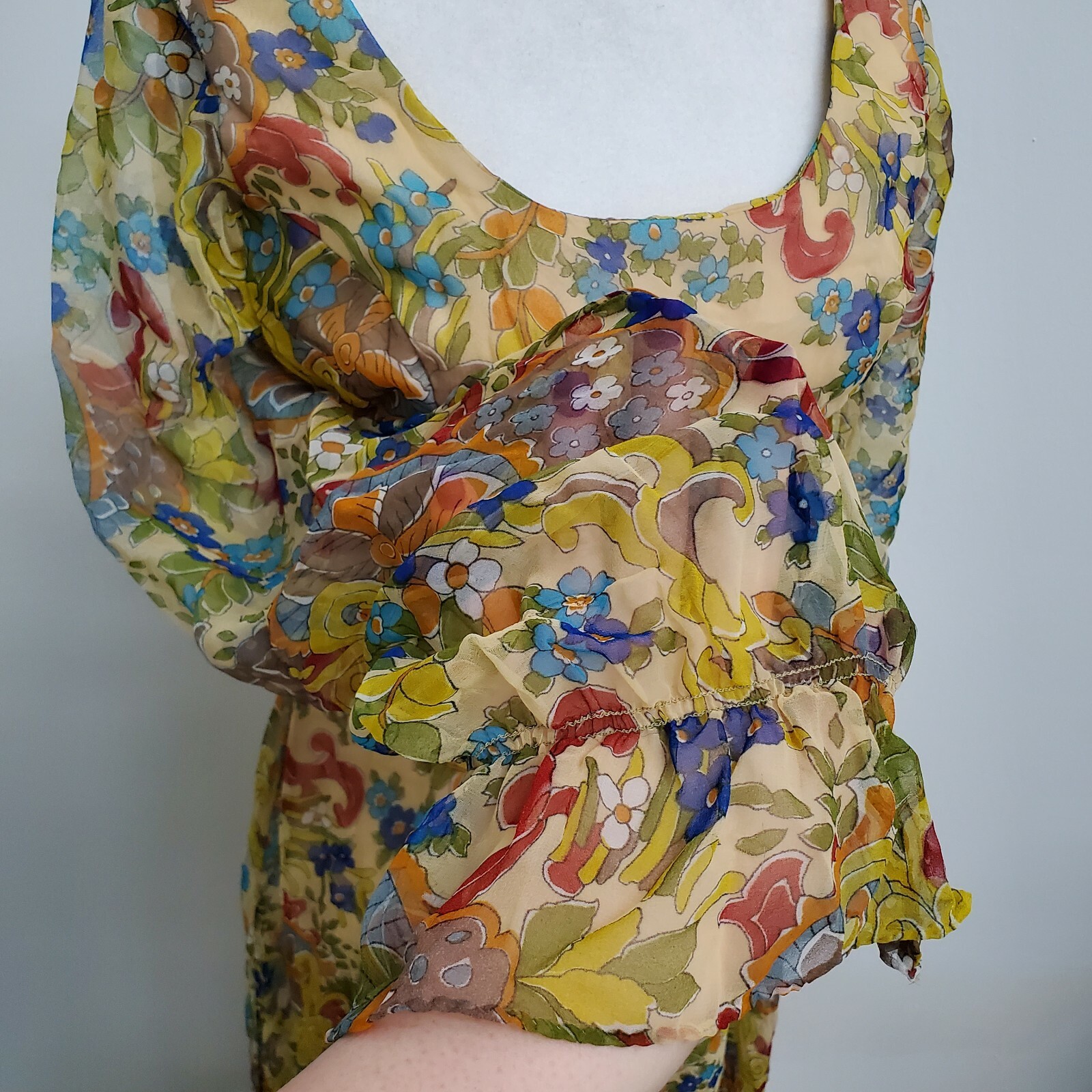 Vintage 70’s Maxi Dress Peasant Colorful Psychedelic Floral Hippie Sheer Chiffon