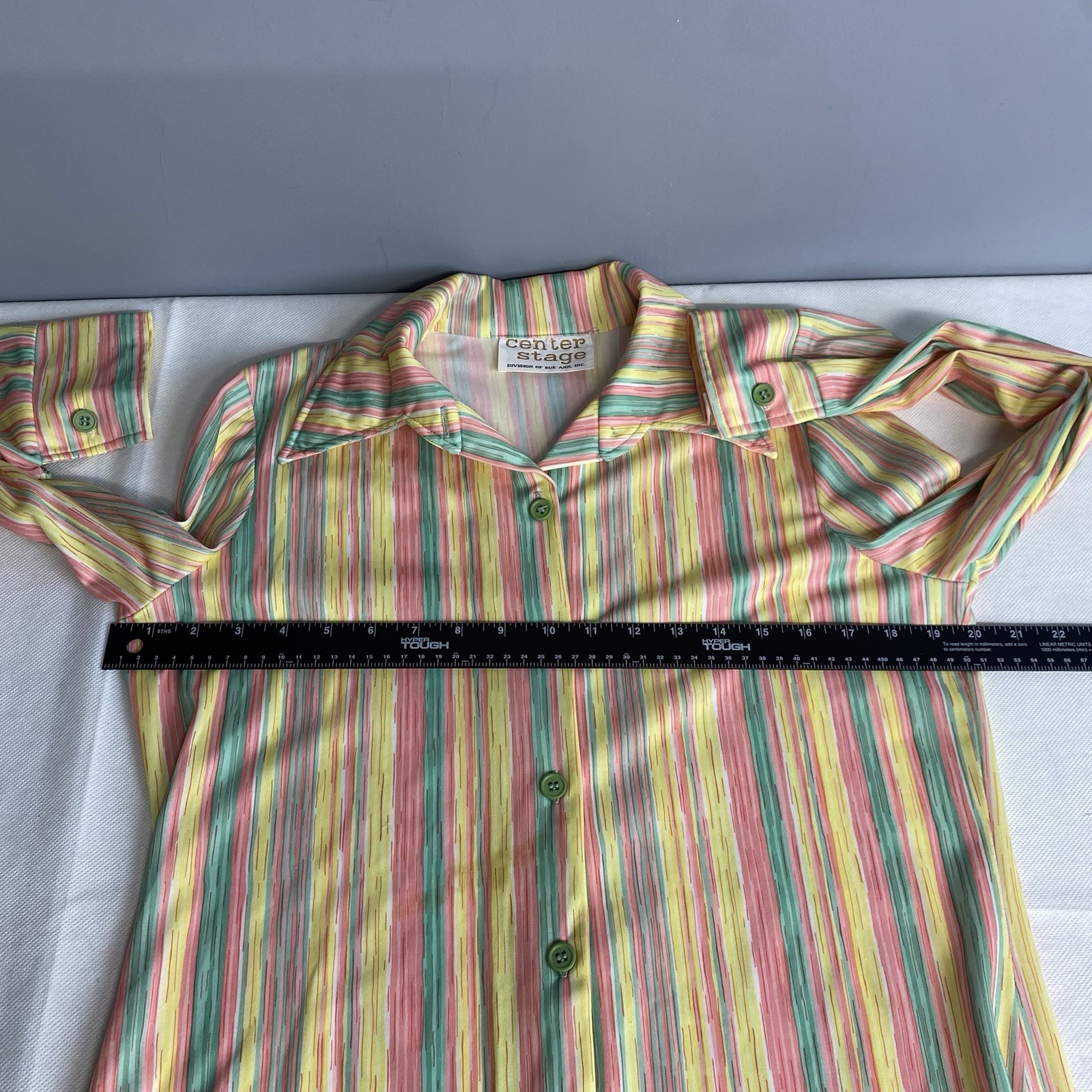 Vintage 70s Center Stage Button Down Shirt Women Medium Yellow Stripe Disco Flaw