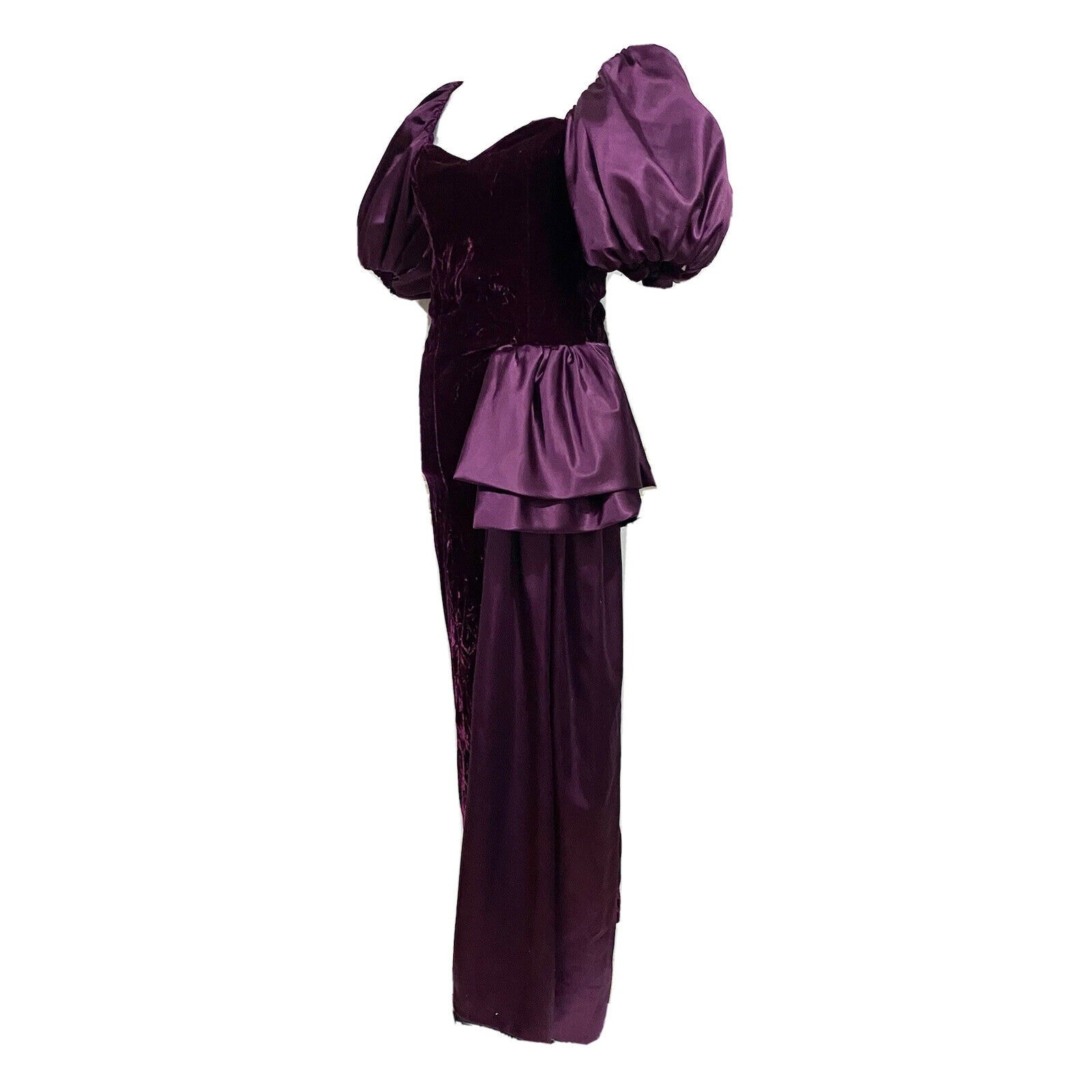 Vintage 90s Formal Dress Gown Velvet Puffy Sleeves Purple Drape Sash Women’s XS