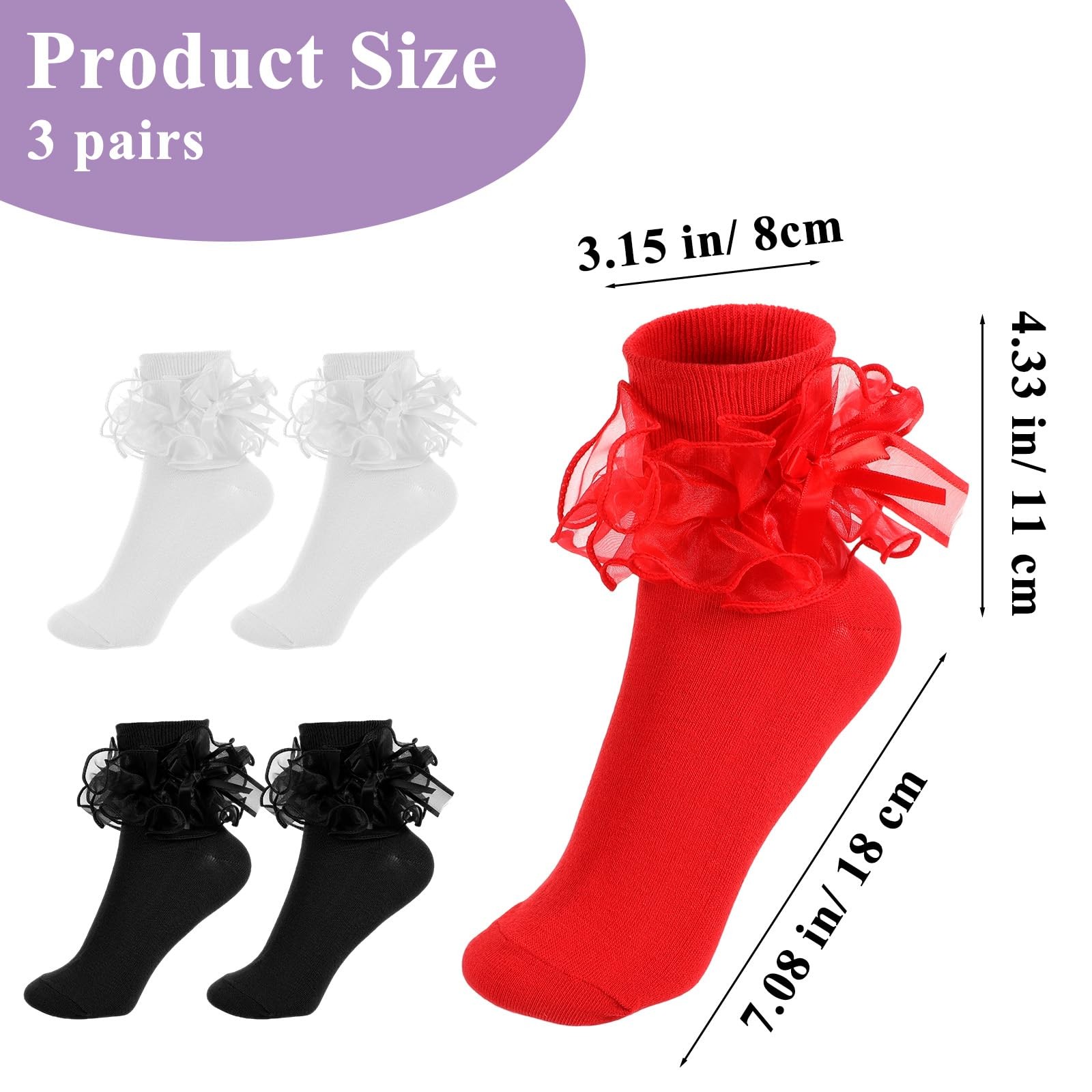 Bremorou 3 Pairs Women’s Big Ruffle Socks Double One Size, White, Black, Red