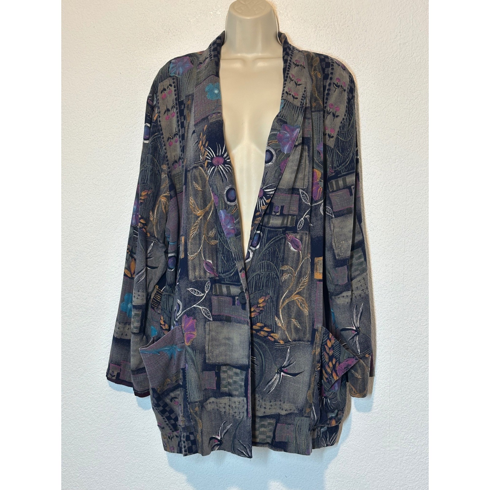 Kensington Square Vintage Floral Patchwork Blazer Purple Multi Artsy Pockets USA