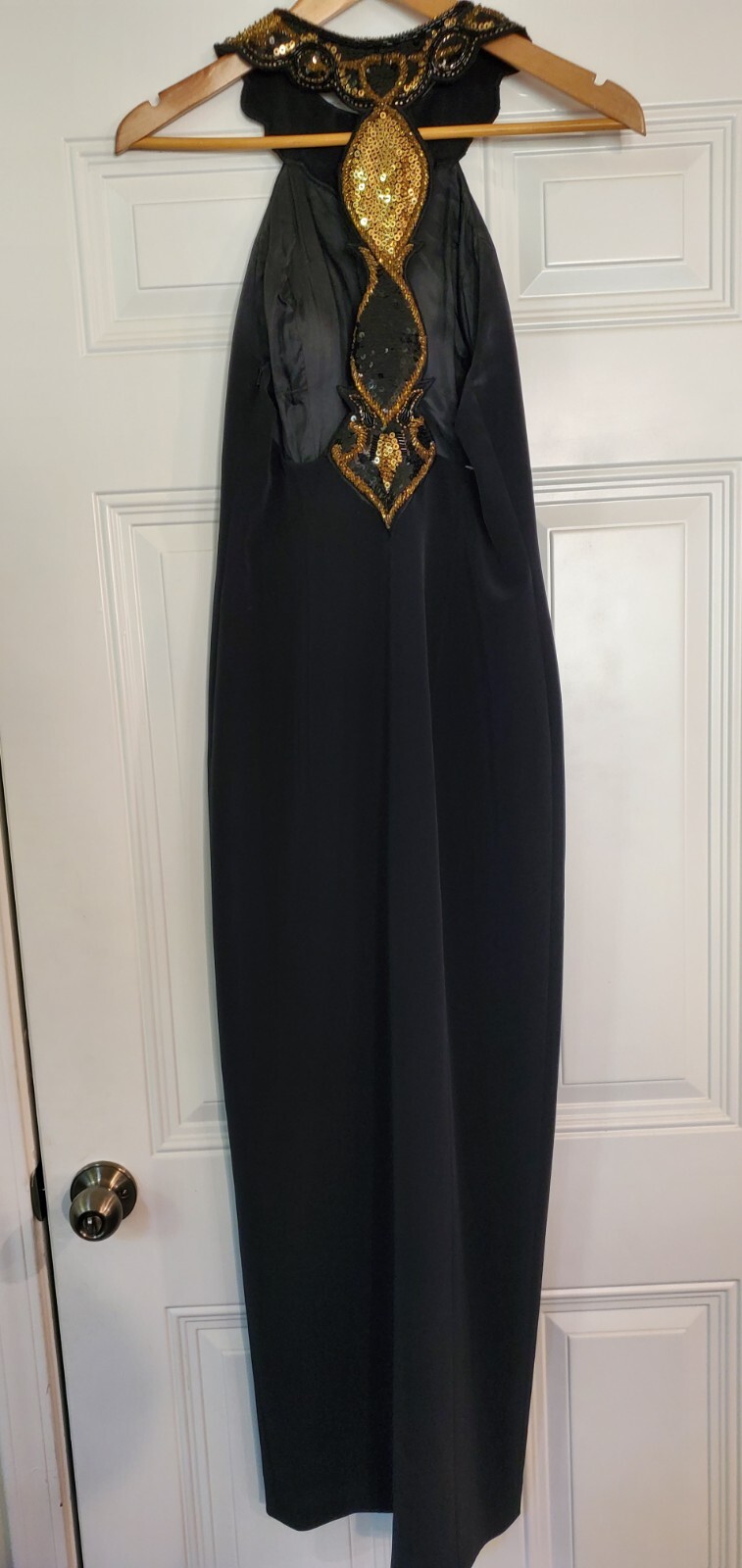 Vintage Niteline Beaded Sequins Backless Long black &gold Gown Small Med