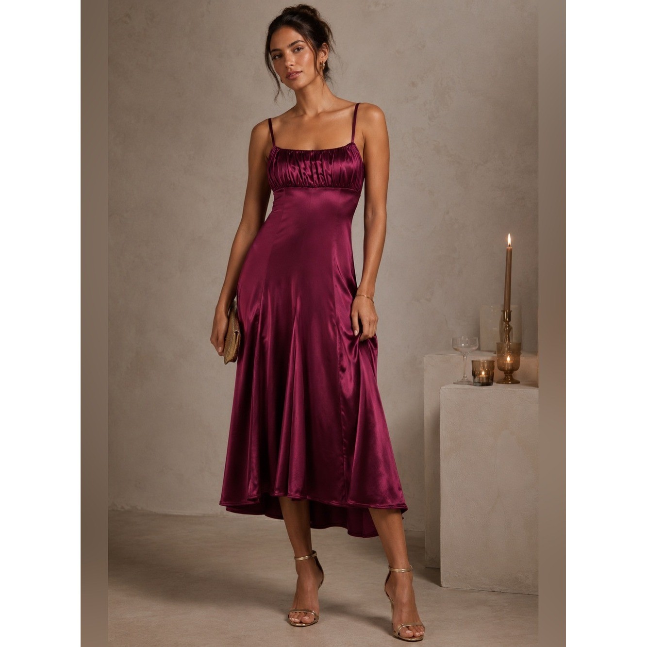 Maeve by Anthropologie Sleeveless Satin Drop-Waist Midi Dress Deep Plum NWT