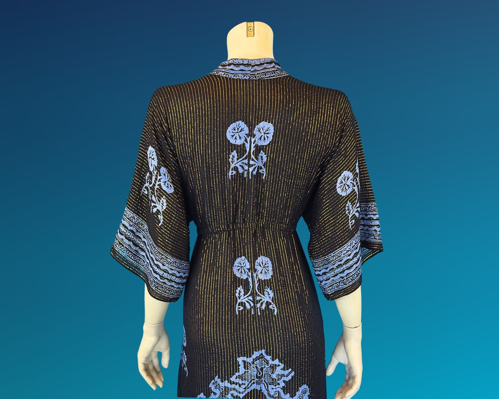 90s Gold Metallic Stripe Black and Blue Rayon Kaftan Dress | S M