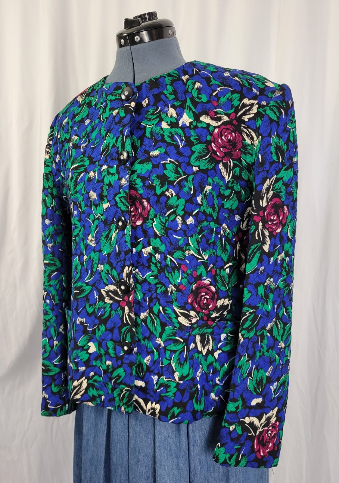 Vtg Stephen Douglas Ltd Blue & Green w Purple Flowers Quilted Jacket Size 14