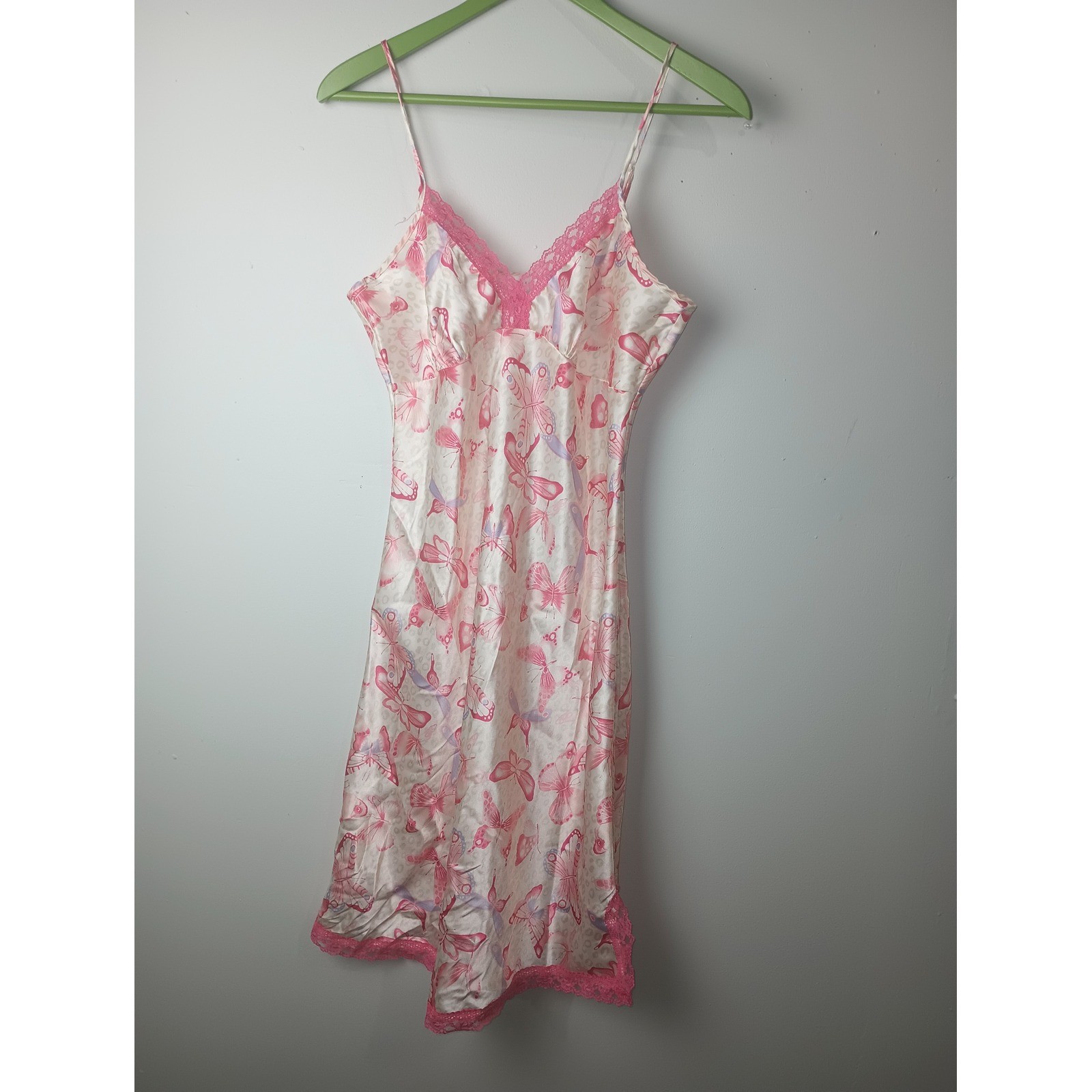Victoria’s Secret PINK Vintage Y2K Butterfly Satin Slip Dress Pink Lace Trim S