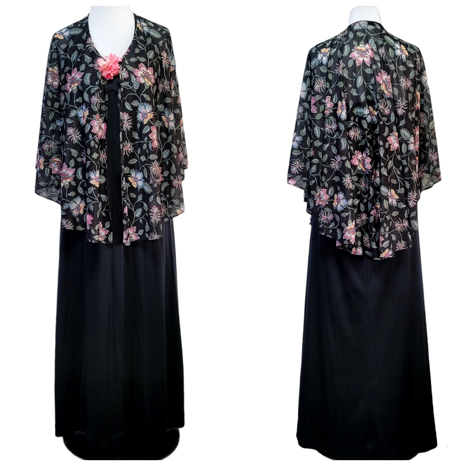 Vintage 70s Black Floral Capelet Disco Maxi Dress Pink Flower Accent Sleeveless