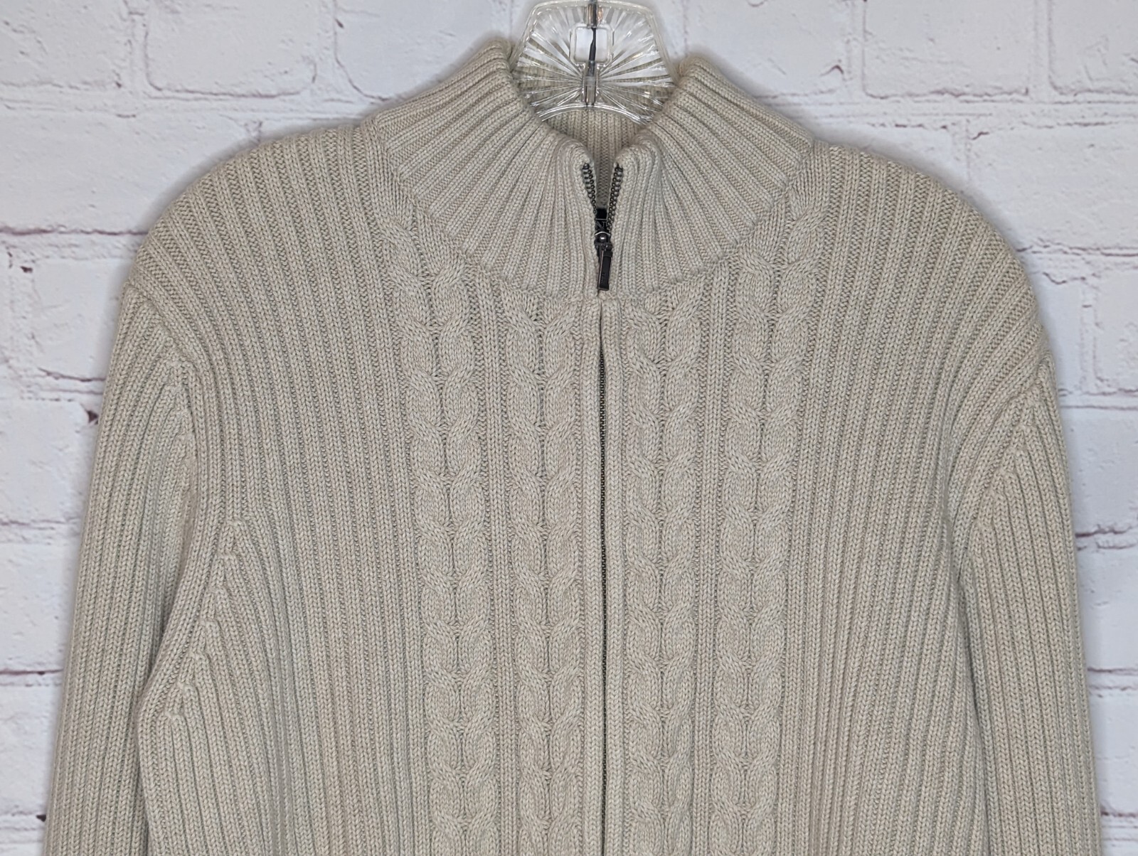 90s Lands End Cable Knit Full Zip Sweater Women’s 100% Cotton Large 14-16 Beige