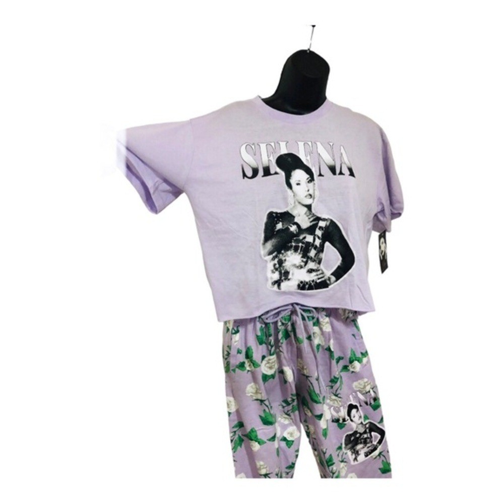 Selena purple white green floral crop shirt & joggers set size large brand new