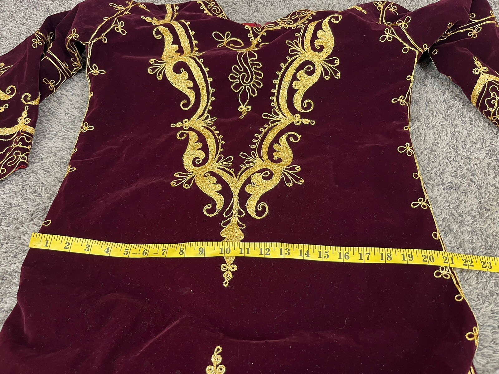 Vintage Burgundy Velvet Gold Embroidered Caftan Boho Dress Bell Sleeve