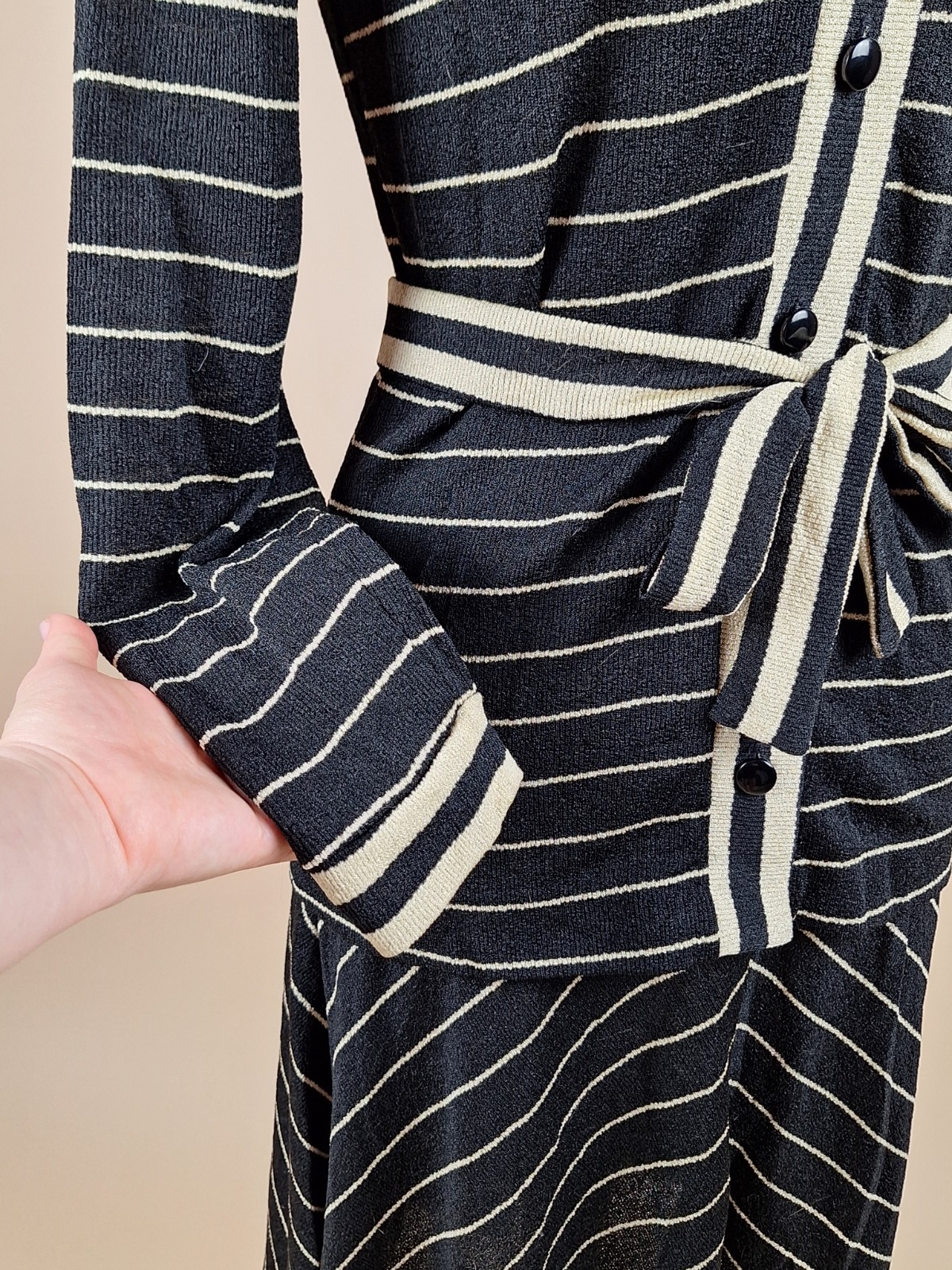 Vintage 1960s Black And Cream Knit Set Sweater Cardigan And Skirt With Ties