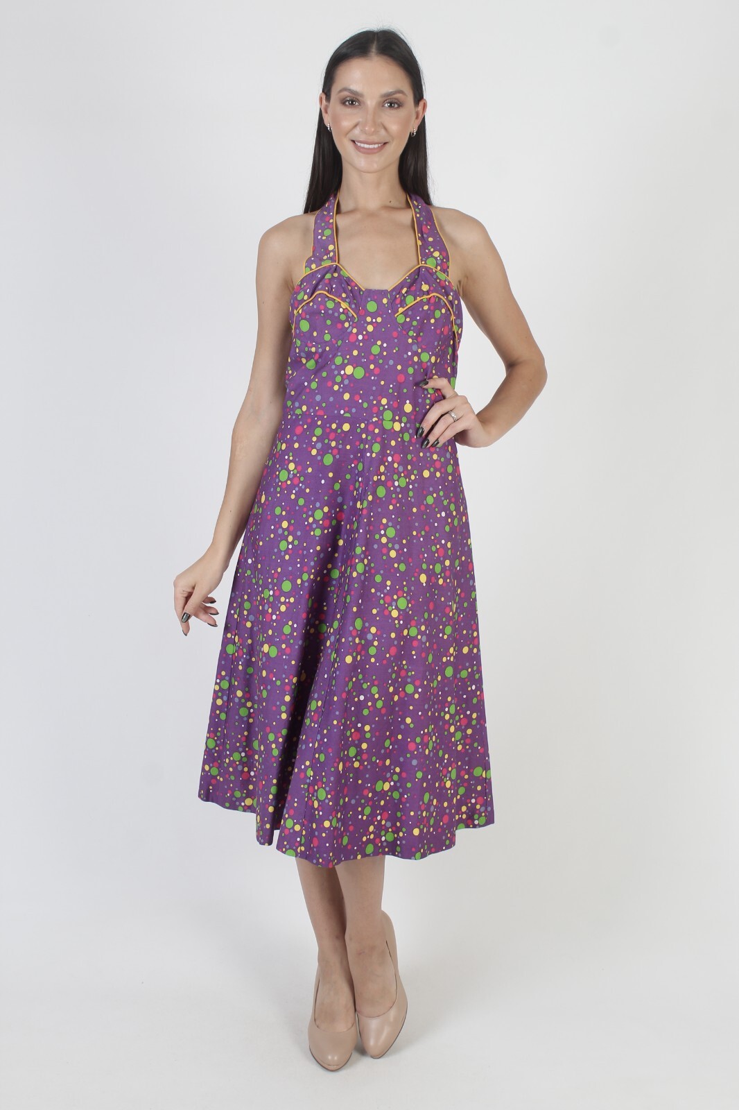 Vtg Rainbow Polka Dot Halter Dress Sweetheart Open Back Backless 70s Full Skirt