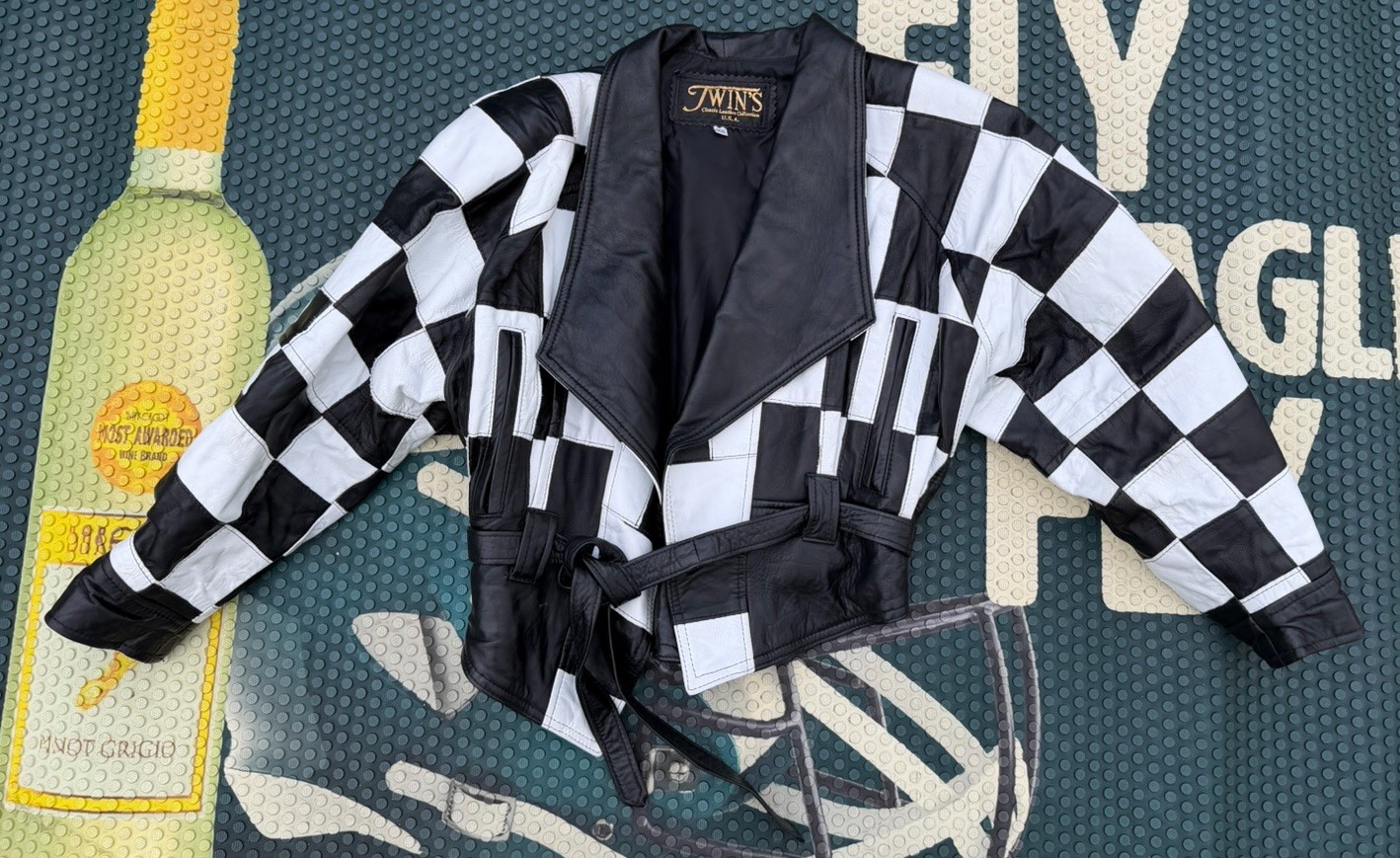 Vintage Checkered Leather Jacket Black & White Twins USA XS Moto Retro Patchwork