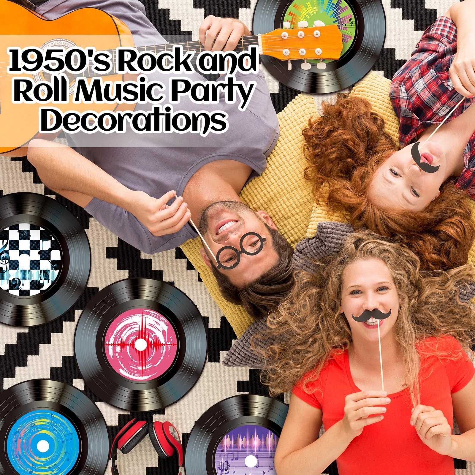 FillTouch 60 Pcs 13” 1950’s Rock and Roll Vinyl Record Placemat Vintage Musi…