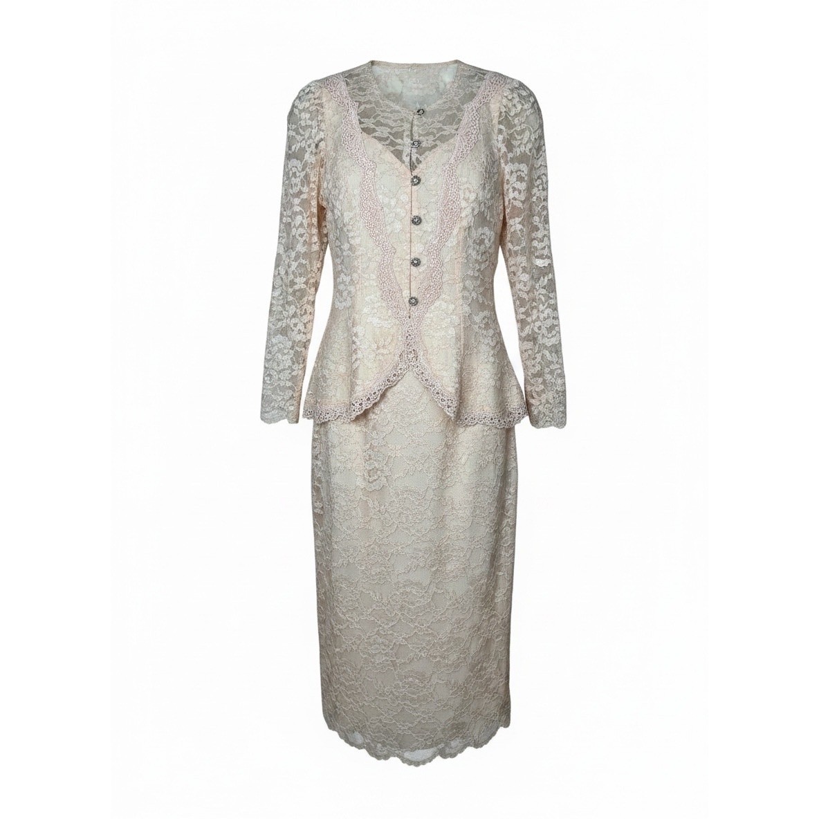 Cachet by Bari Protas Vintage Lace Skirt Suit Set Pink Peplum Jacket Midi 5/6