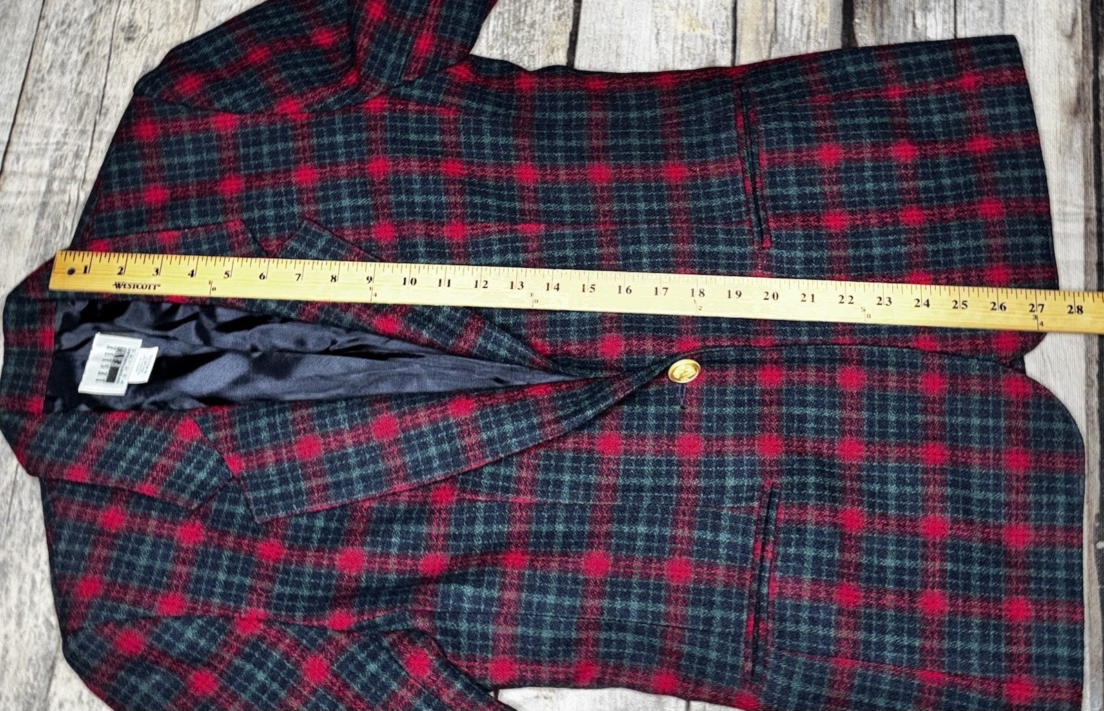 VTG Leslie Fay Wool Blend Plaid Blazer Jacket 6 Petite Red Green Crest Button
