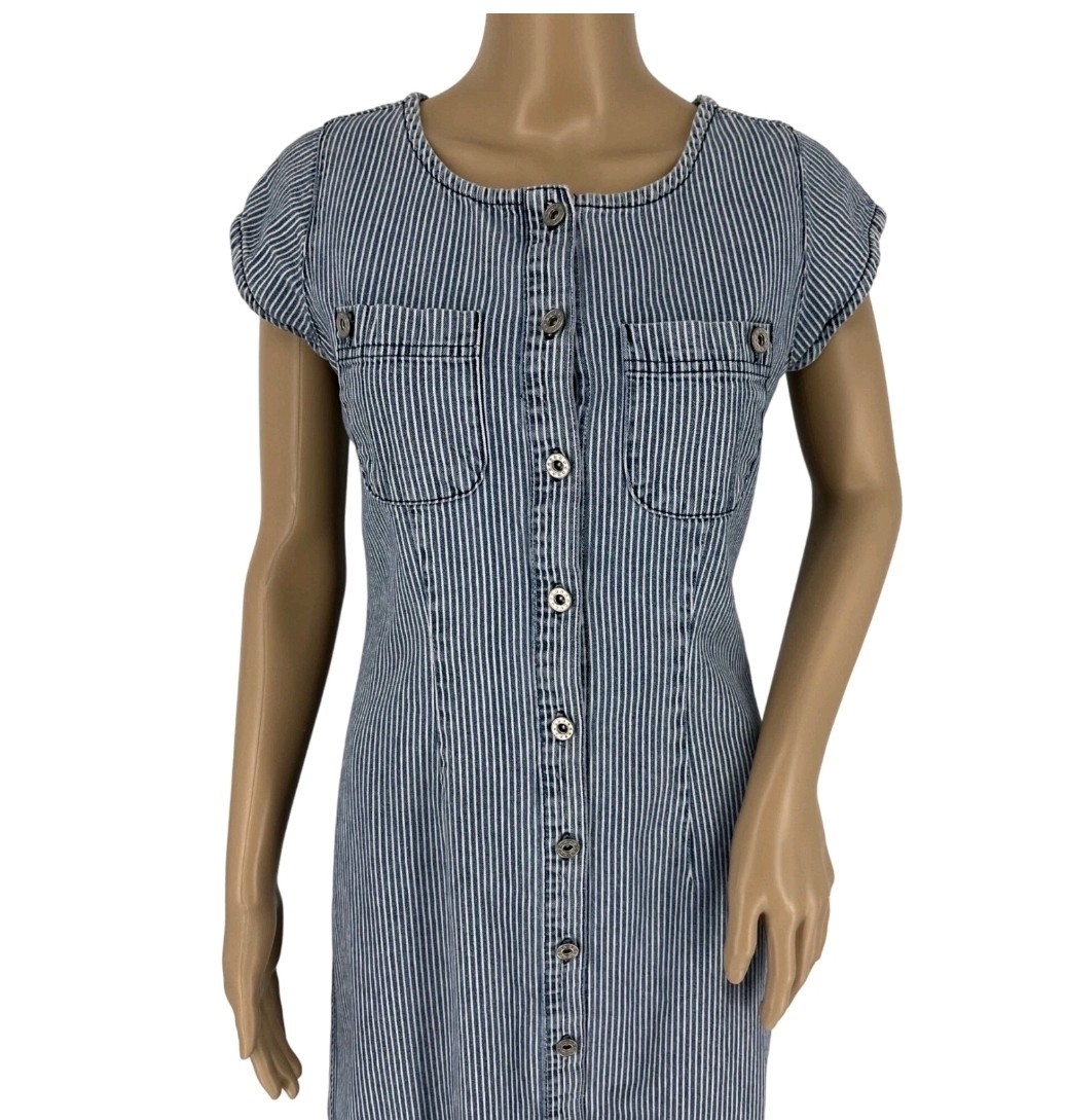 Isabella Bird Anthro denim midi dress 8 blue white stripe short cap sleeve