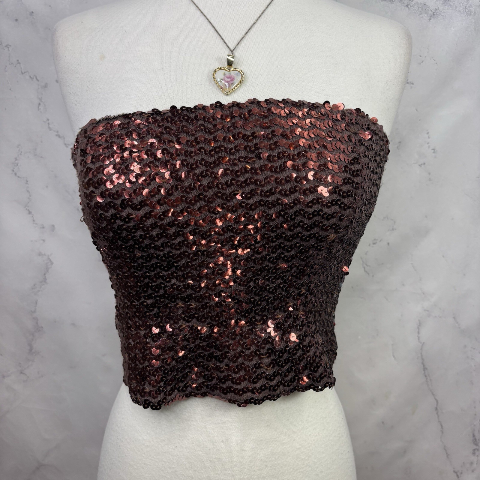 Vintage 1980s 90s Copper Brown Disco Sequin Tube Top Crop Top sz S USA Retro