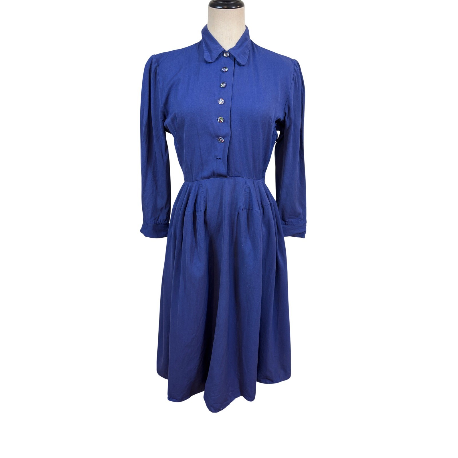 vtg 40s Junard of Dallas Day Dress 27W Blue Collared Iridescent Button fit flare