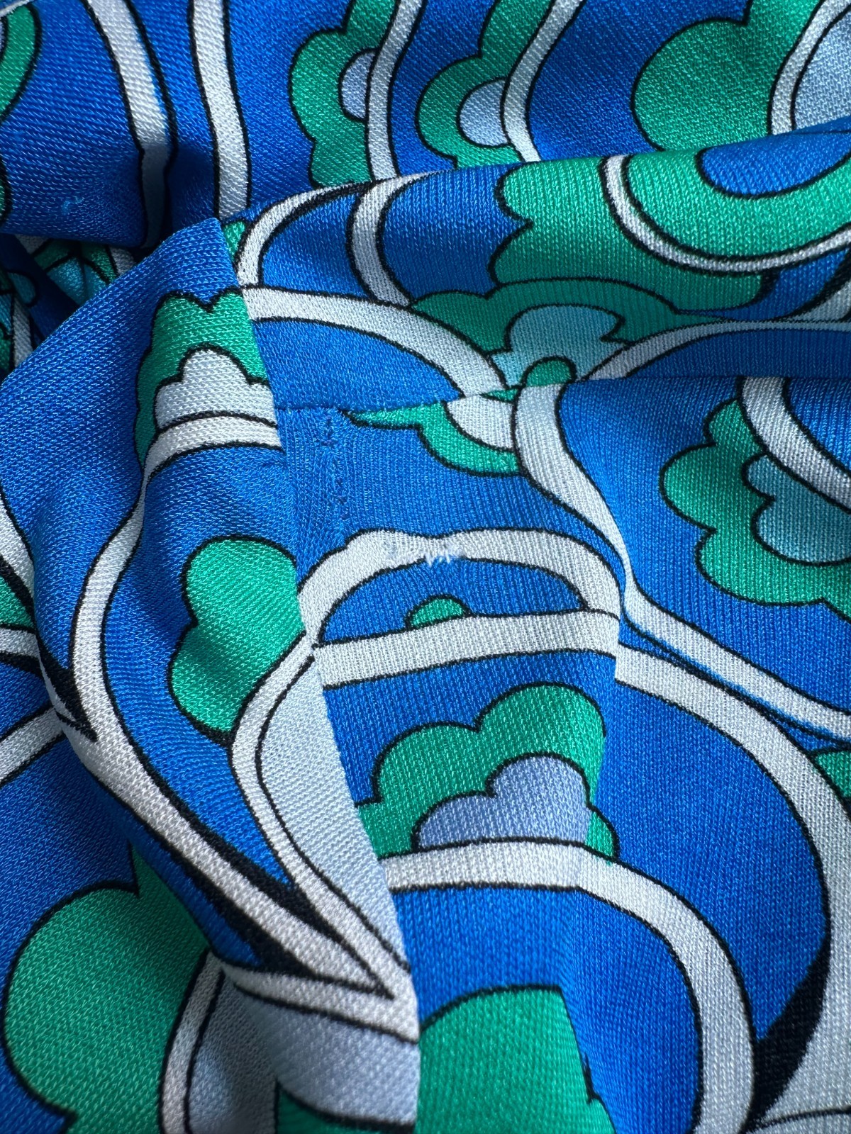 Averardo Bessi 1980s Geometric Floral Print Blue Green Silk Jersey Vintage Dress