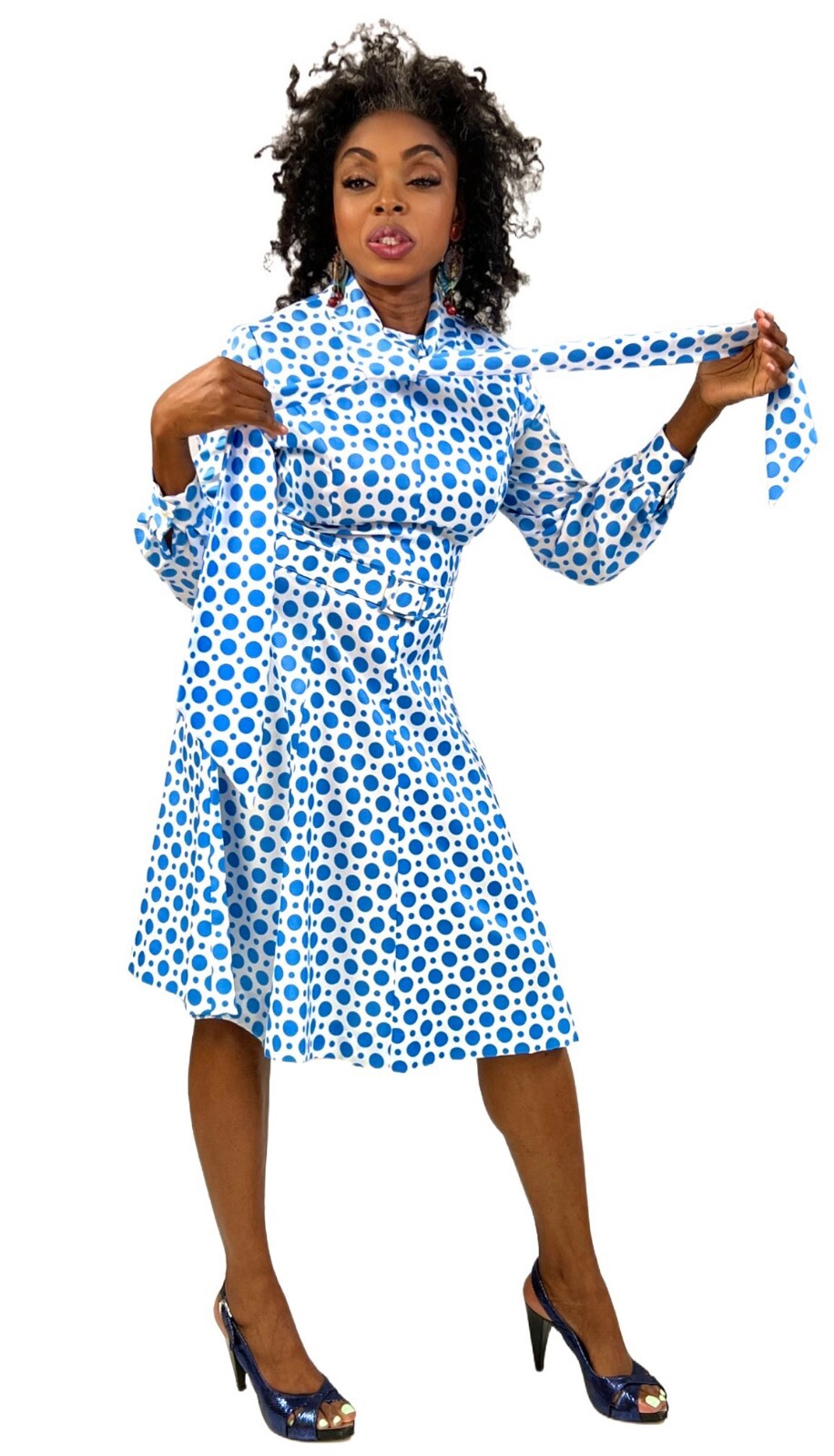 Ivan Fredericks VTG 70s Blue White Polka Dot Pussy Bow Dress Secretary Mad Men S