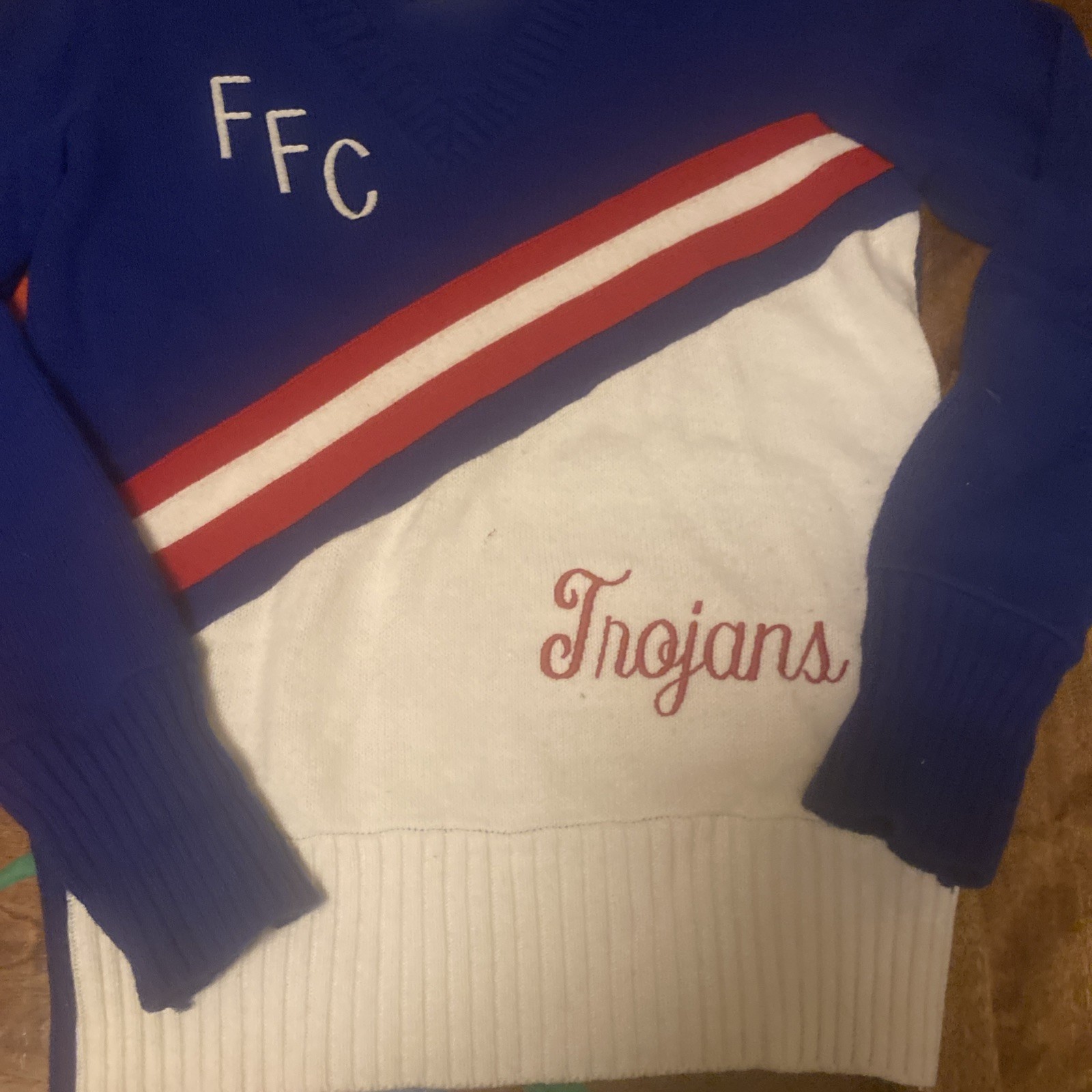 VTG Varsity Brand Cheerleader Sweater Blue White Red FFC Trojans Sz 36 Rare Find