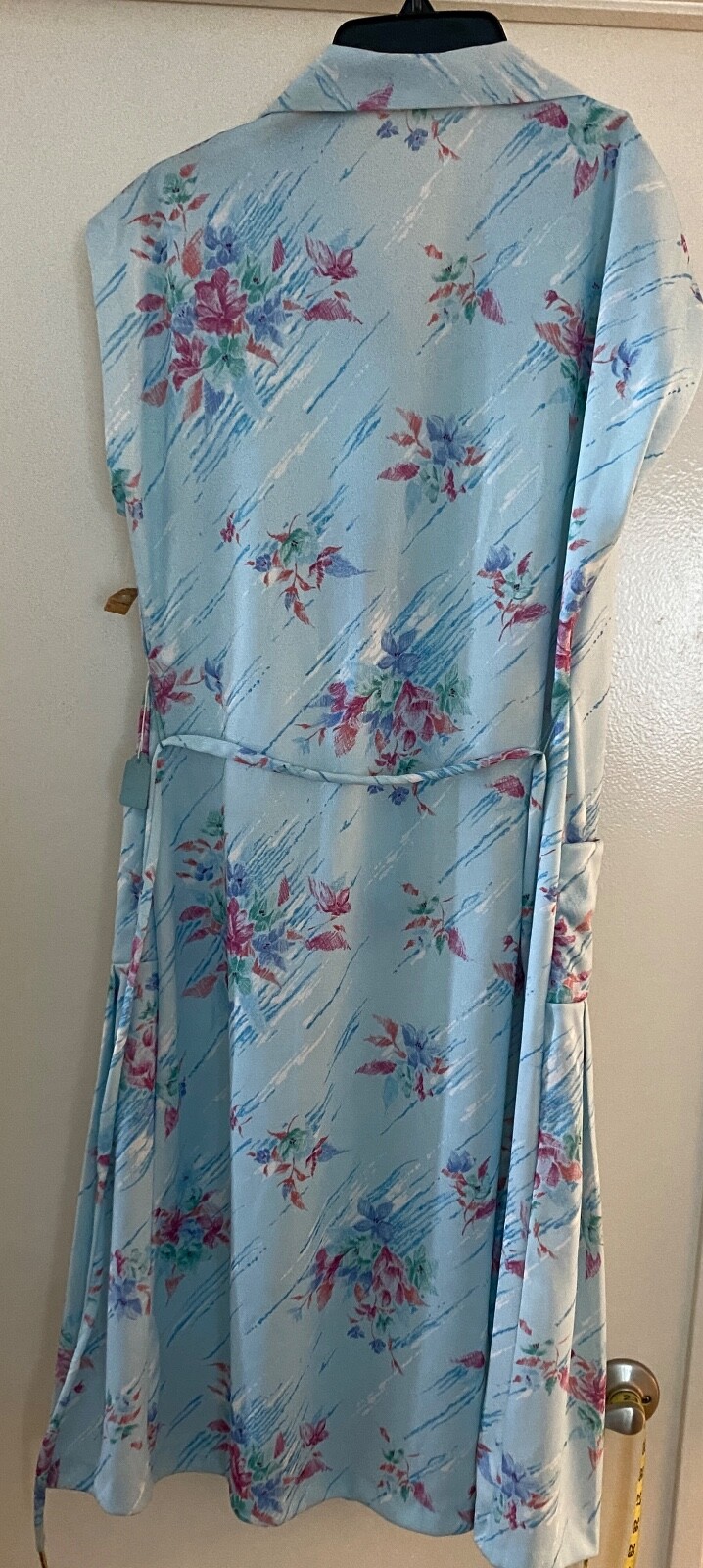 VTG 70s House Dress Women Floral Vneck Collar Button Tie Waist Blue Pink Floral