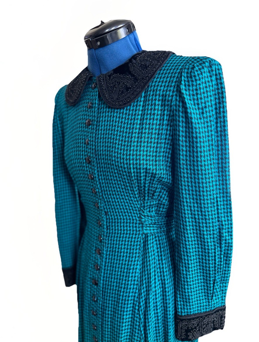Vintage 80s Sarah Elizabeth Beaded collar Teal Gingham Goth Check Maxi Dress