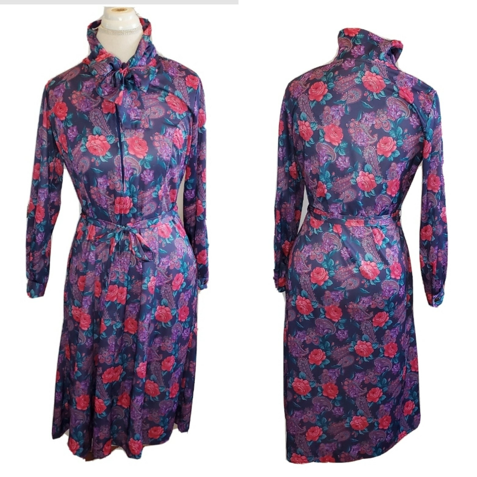 Vintage Size 6 8 Long Sleeve Floral Midi Secretary Dress PussyBow Blue Paisley