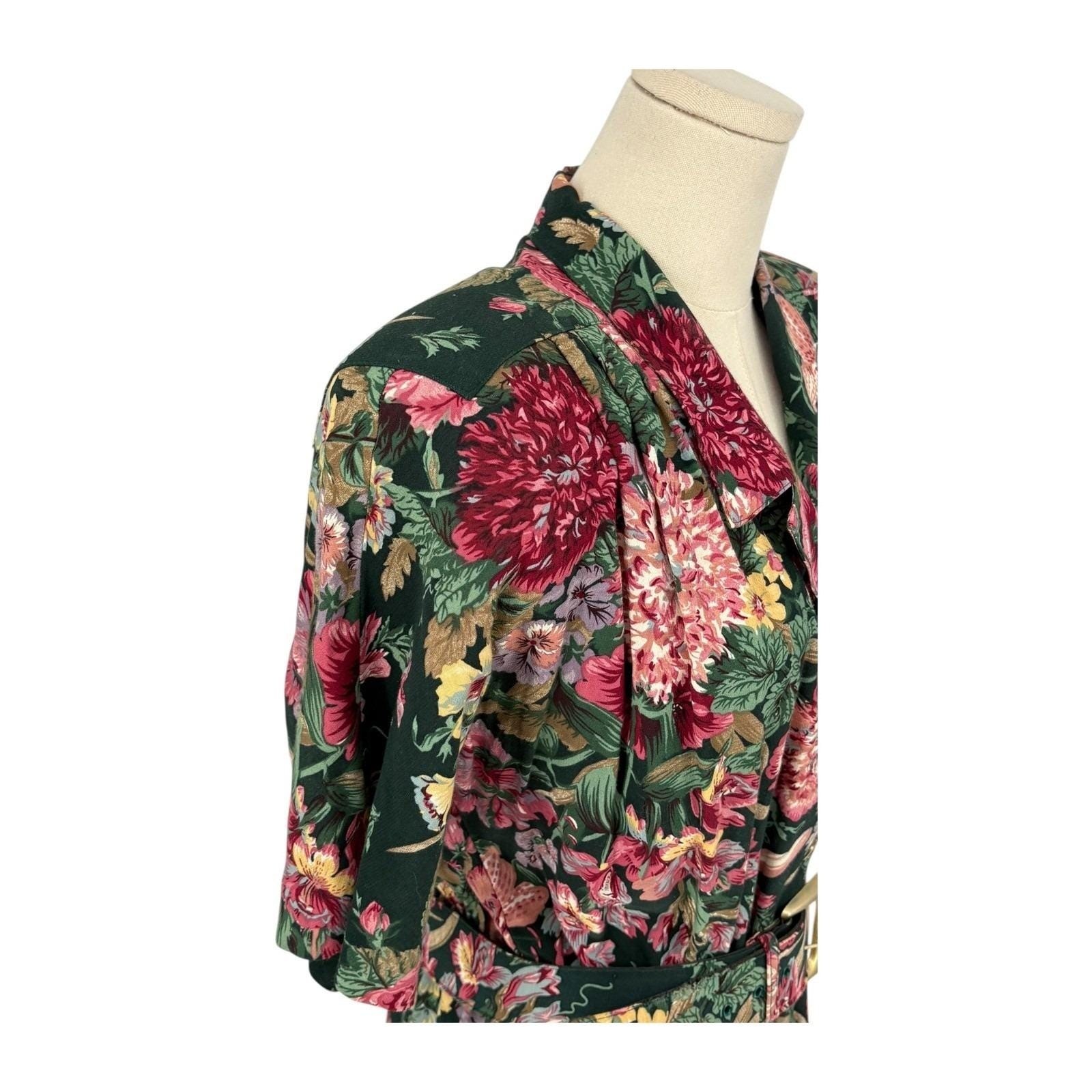 Vintage Lady Carol of New York Floral Midi Dress Green Belted 16