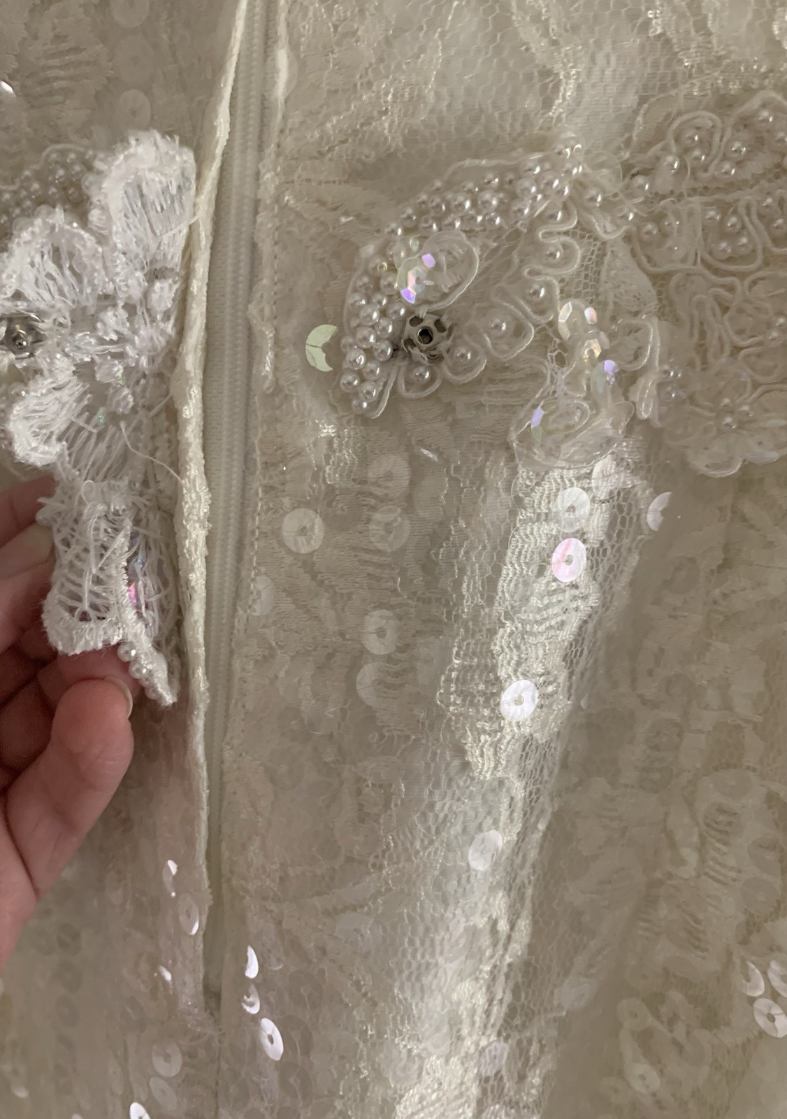Vintage 80’s-90’s Sequin Beaded Ivory Formal Dress Gown Bow Sleeves Wedding Prom