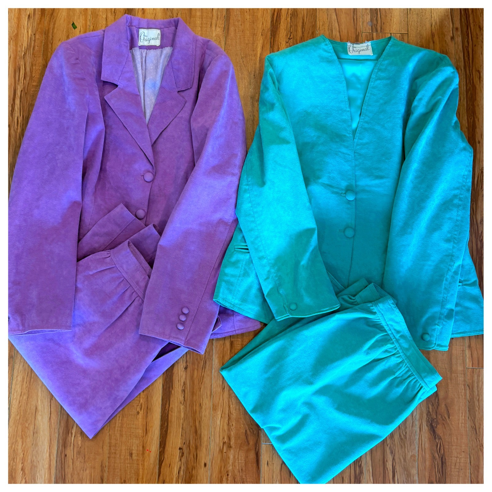 💜 Lot of 2 Vtg Suede Skirt Suit Sets 80s Power Secretary Lavender Mint M L
