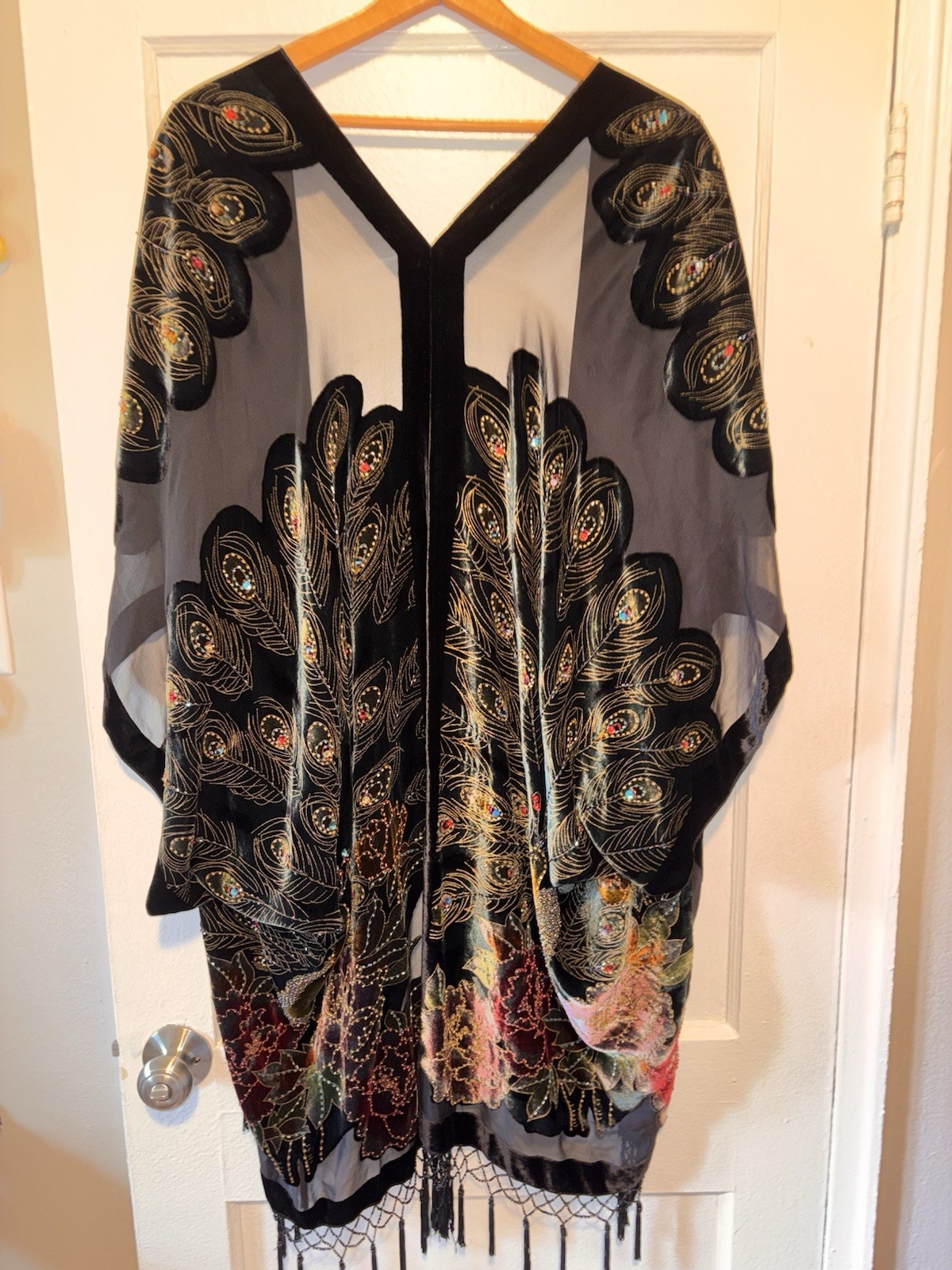 Vintage Silk Velvet Beaded Peacock Duster Coat Opera Black Fringe Romantic Goth