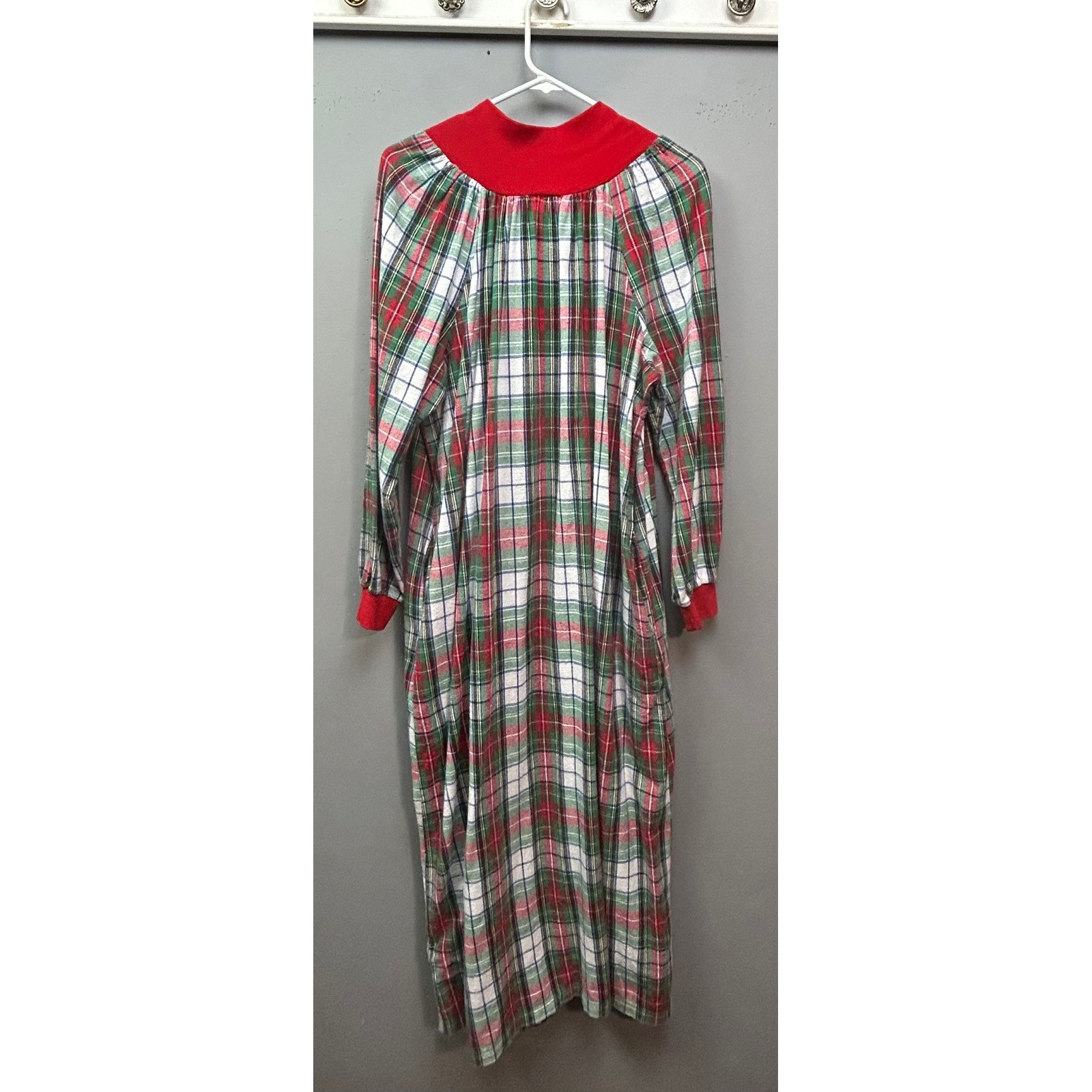 The Tog Shop Nightgown Womens Large Red Green Plaid Cotton Zipper Lounger Vtg